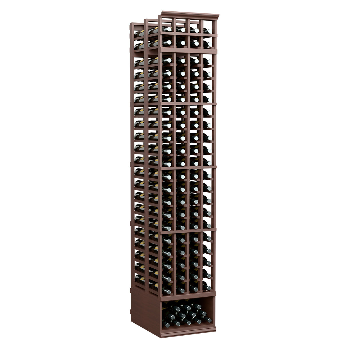 Dark brown wooden wine storage rack with 4 columns and bottle slots, with lower tray