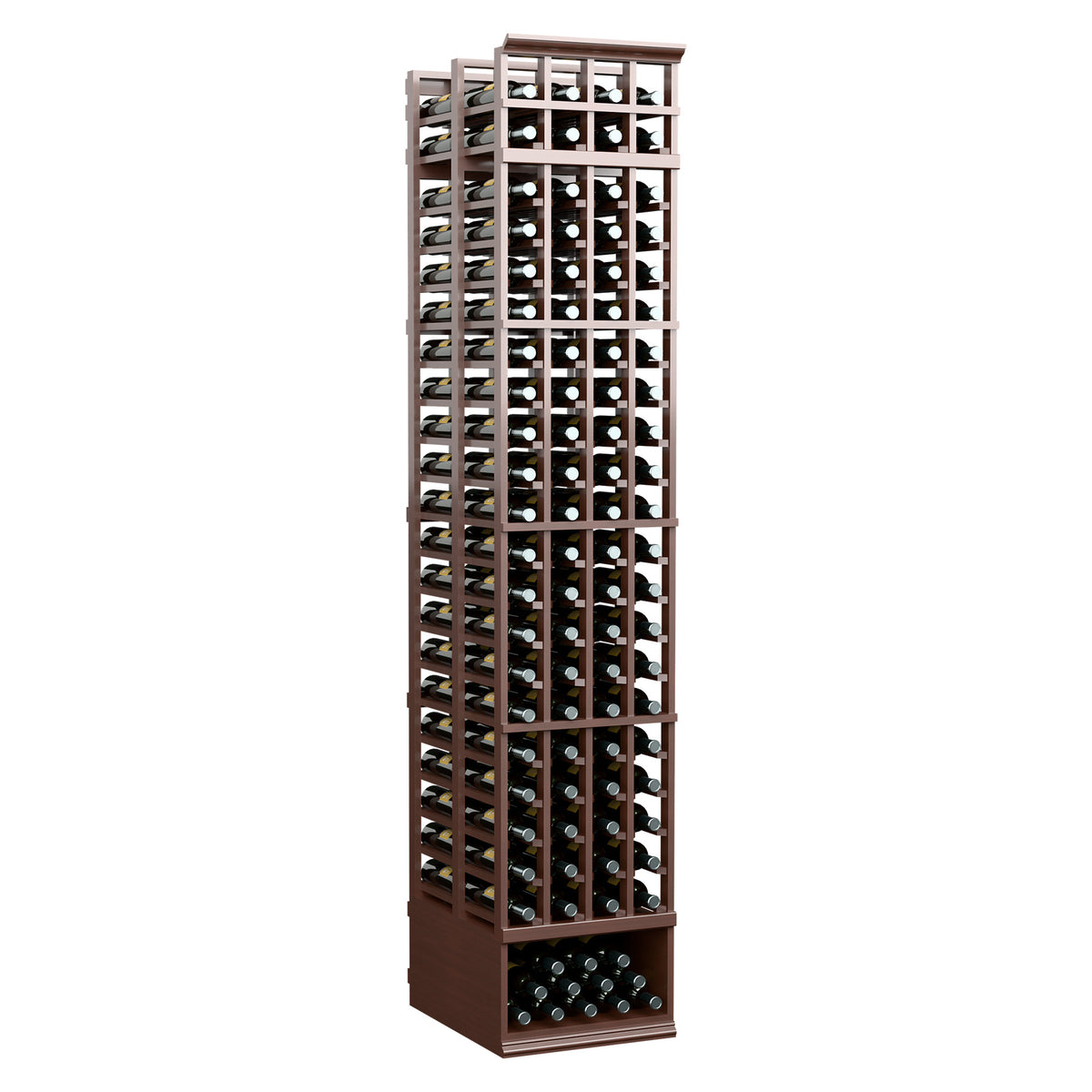 Espresso-toned wooden wine rack with 4 columns, bottle cubbies, and a lower bottle shelf