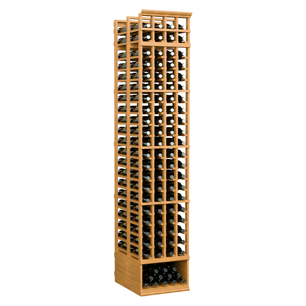 Golden wheat-finish wooden wine storage rack with 4 columns and lower bottle tray