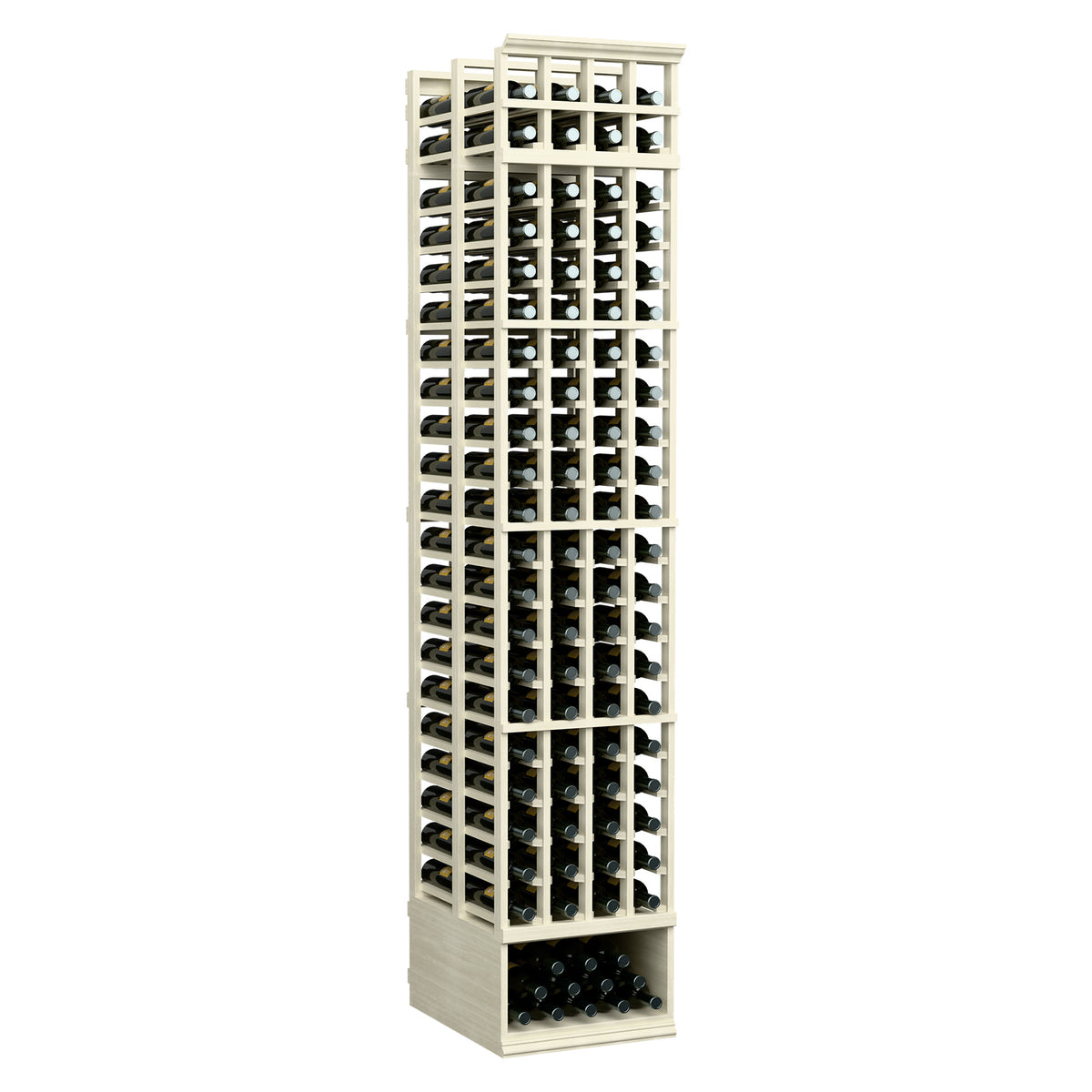 White-washed wooden wine rack with 4 columns, bottle slots, and a lower storage shelf