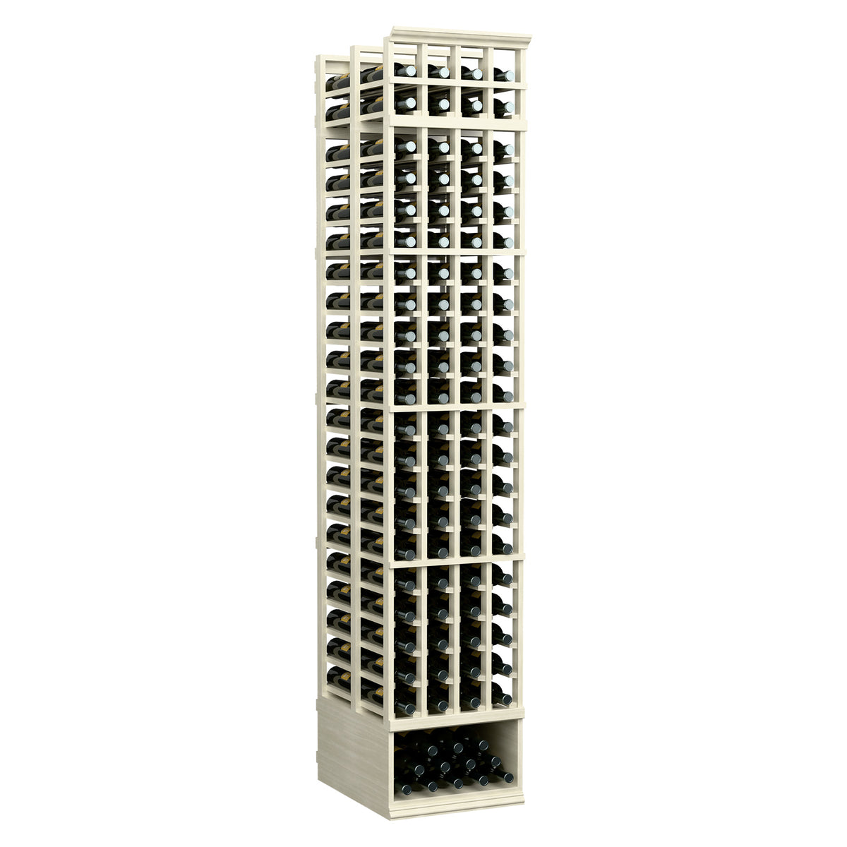 White-washed wine storage rack with 4 columns, visible bottle slots, and lower tray
