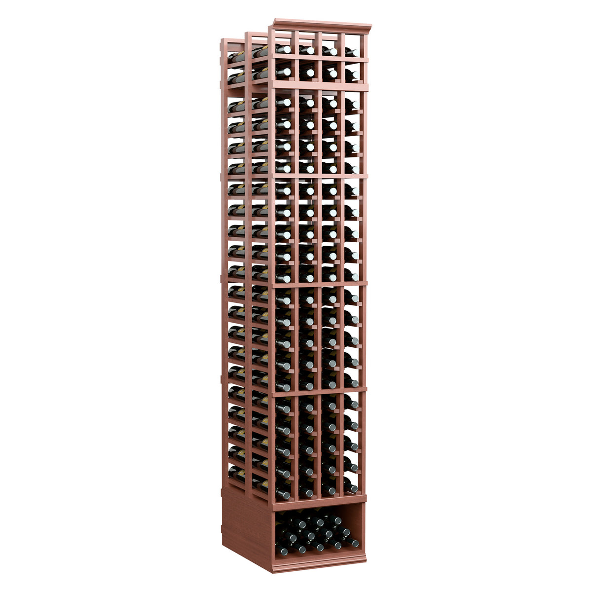 4-column double deep wine rack, reddish wood finish, glass bottle view through grid