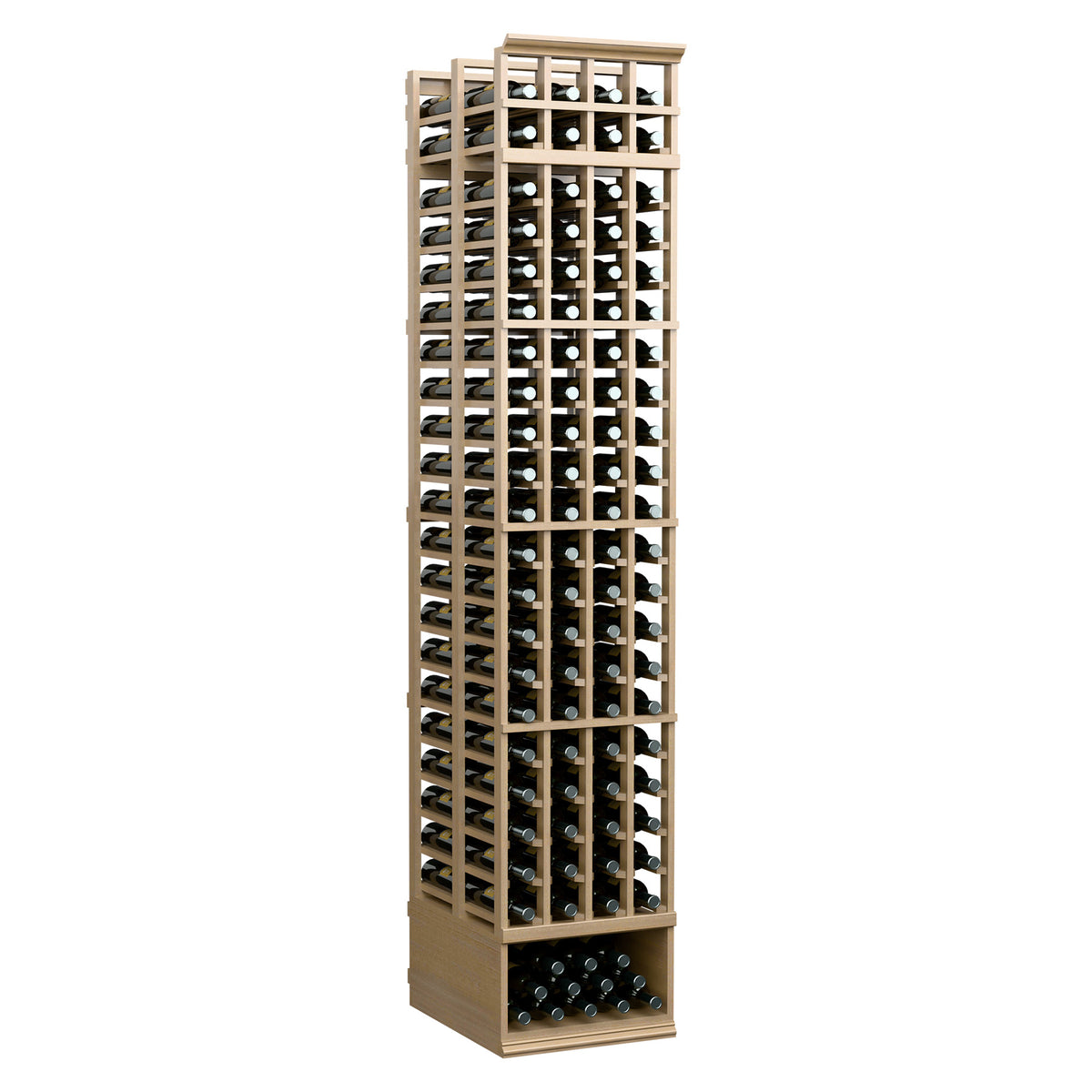 4-column double deep wine rack, light wood finish, front row with bottle tops visible