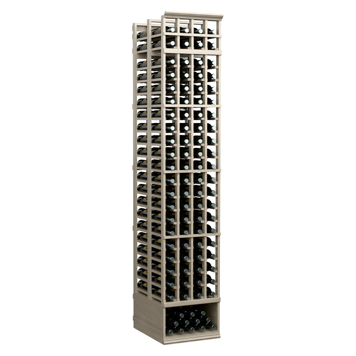 Tall 8 ft wine bottle rack with dark frame and grid slots for multiple bottles