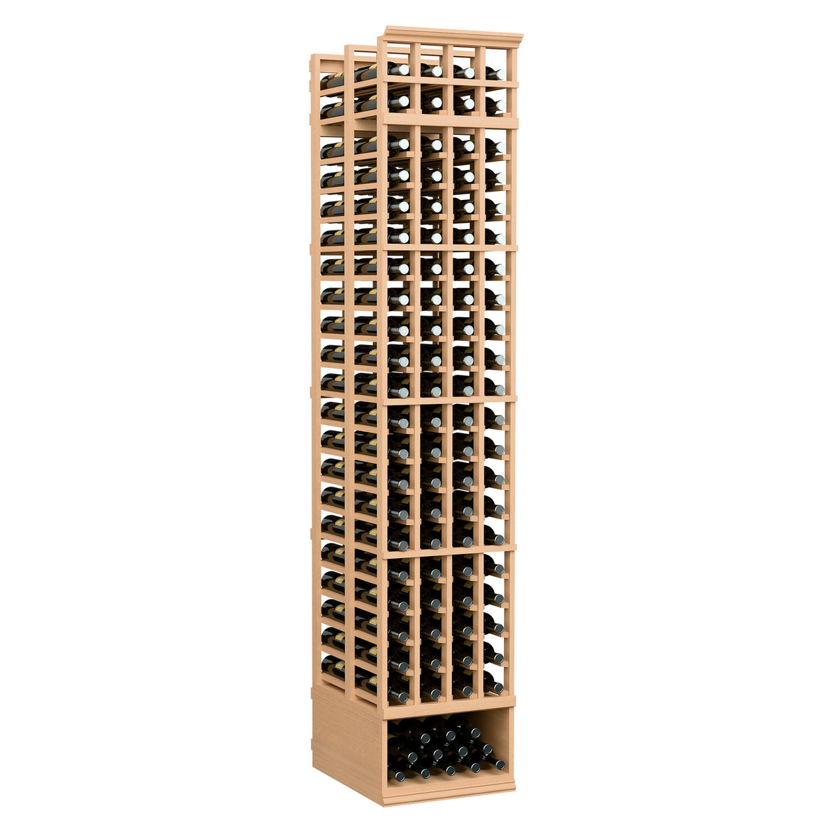 Tall 8 ft wine bottle rack with light wood frame and grid slots for multiple bottles