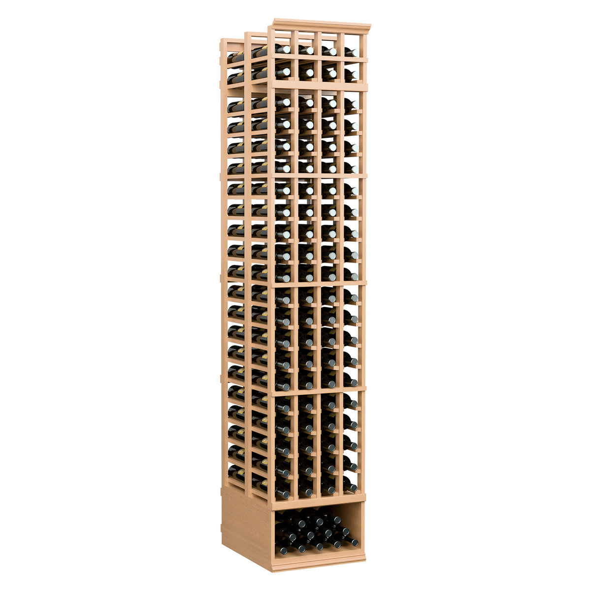 Tall 8 ft wine bottle rack with light wood frame and grid slots for multiple bottles