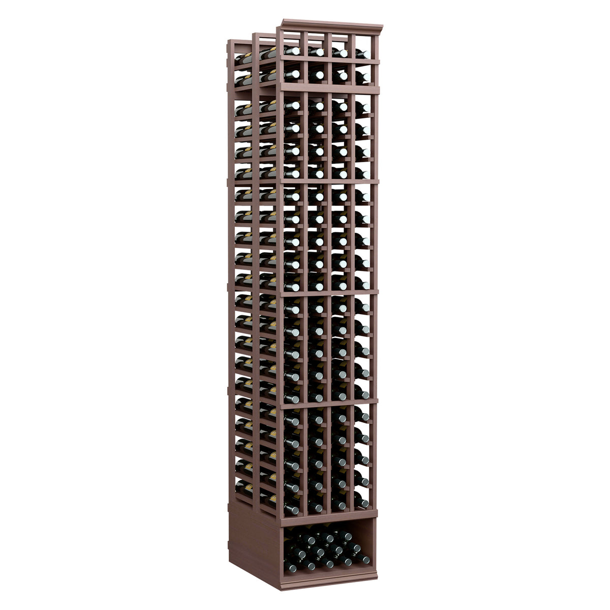 Tall 8 ft wine bottle rack with walnut-brown frame and grid slots for multiple bottles
