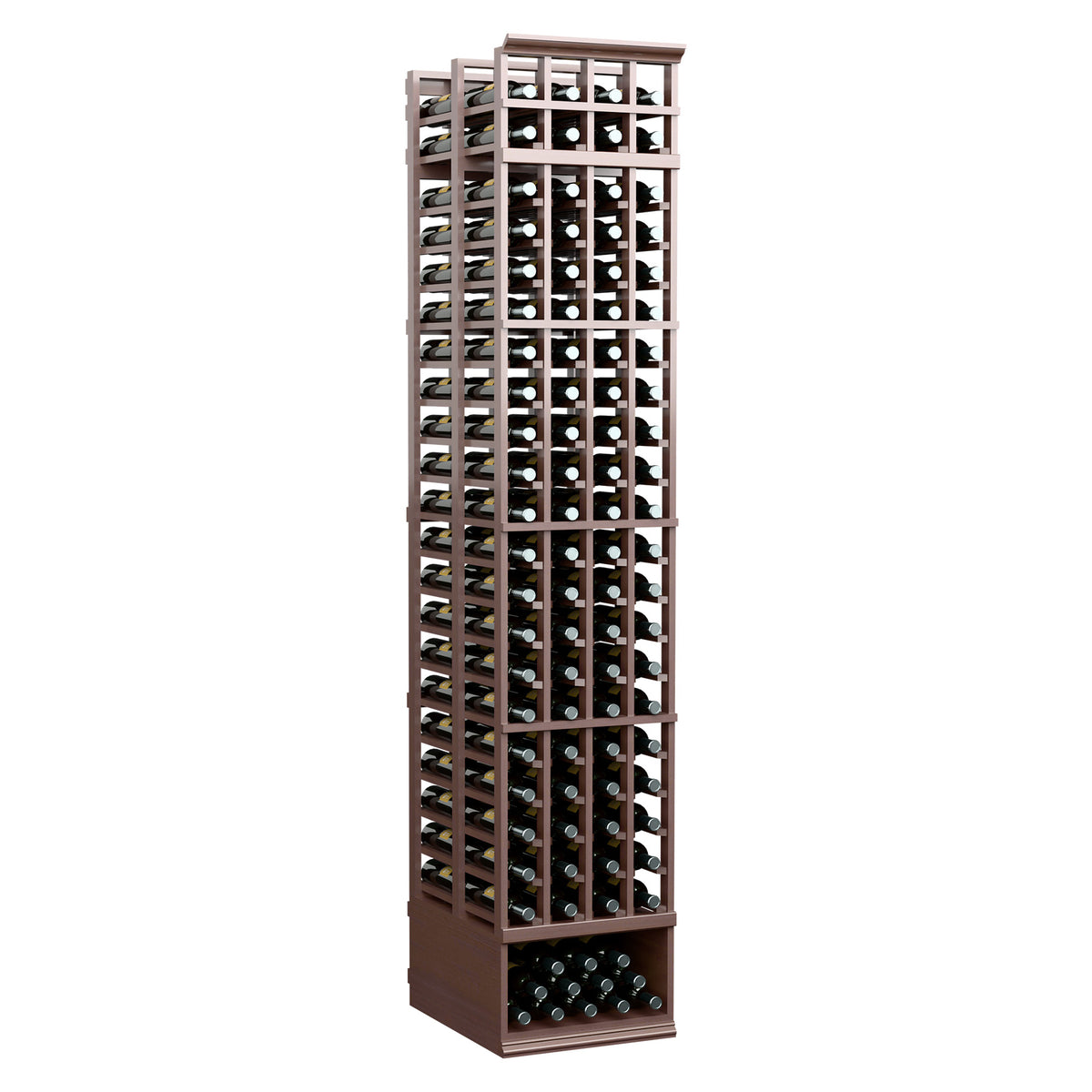 Tall 8 ft wine bottle rack with walnut-brown frame and grid slots for multiple bottles
