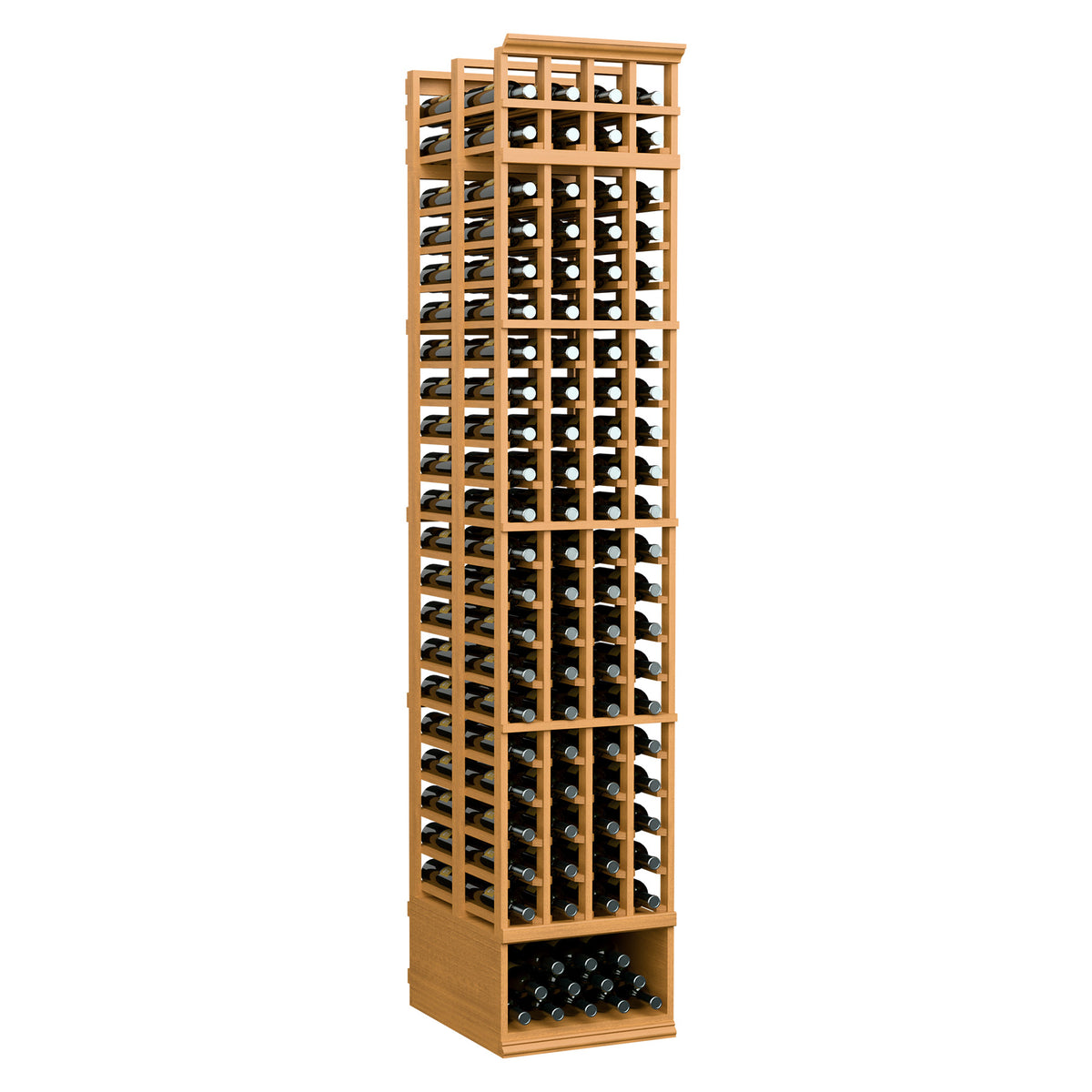 Tall 8 ft wine bottle rack with golden light wood frame and grid slots for multiple bottles