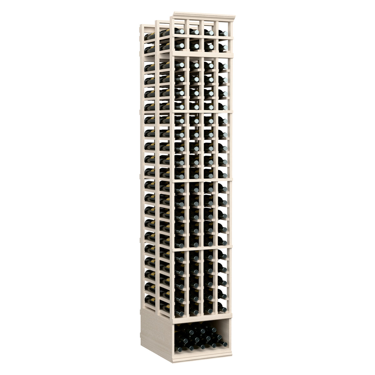 Tall 8 ft wine bottle rack with whitewashed frame and grid slots for multiple bottles