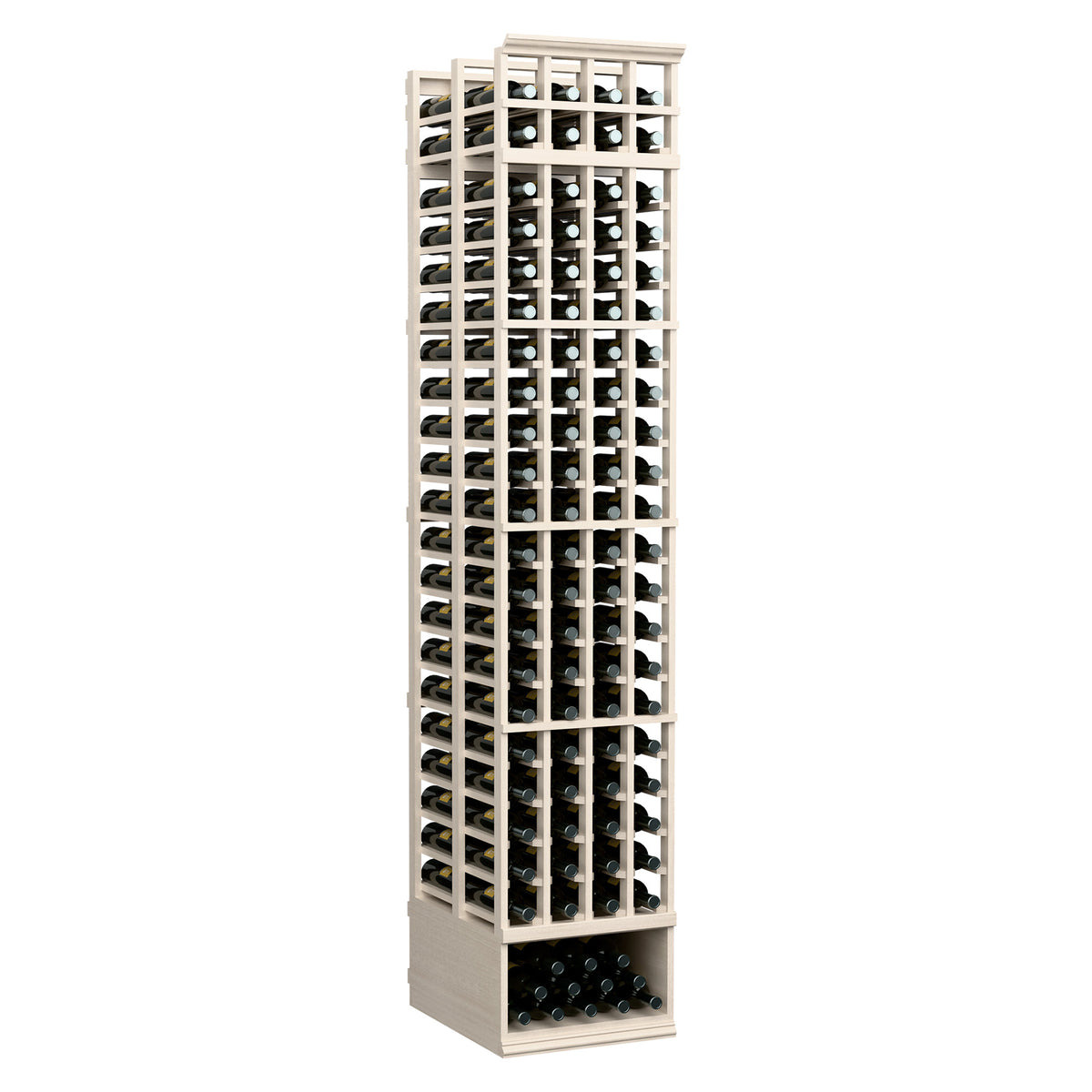 Tall 8 ft wine bottle rack with whitewashed frame and grid slots for multiple bottles