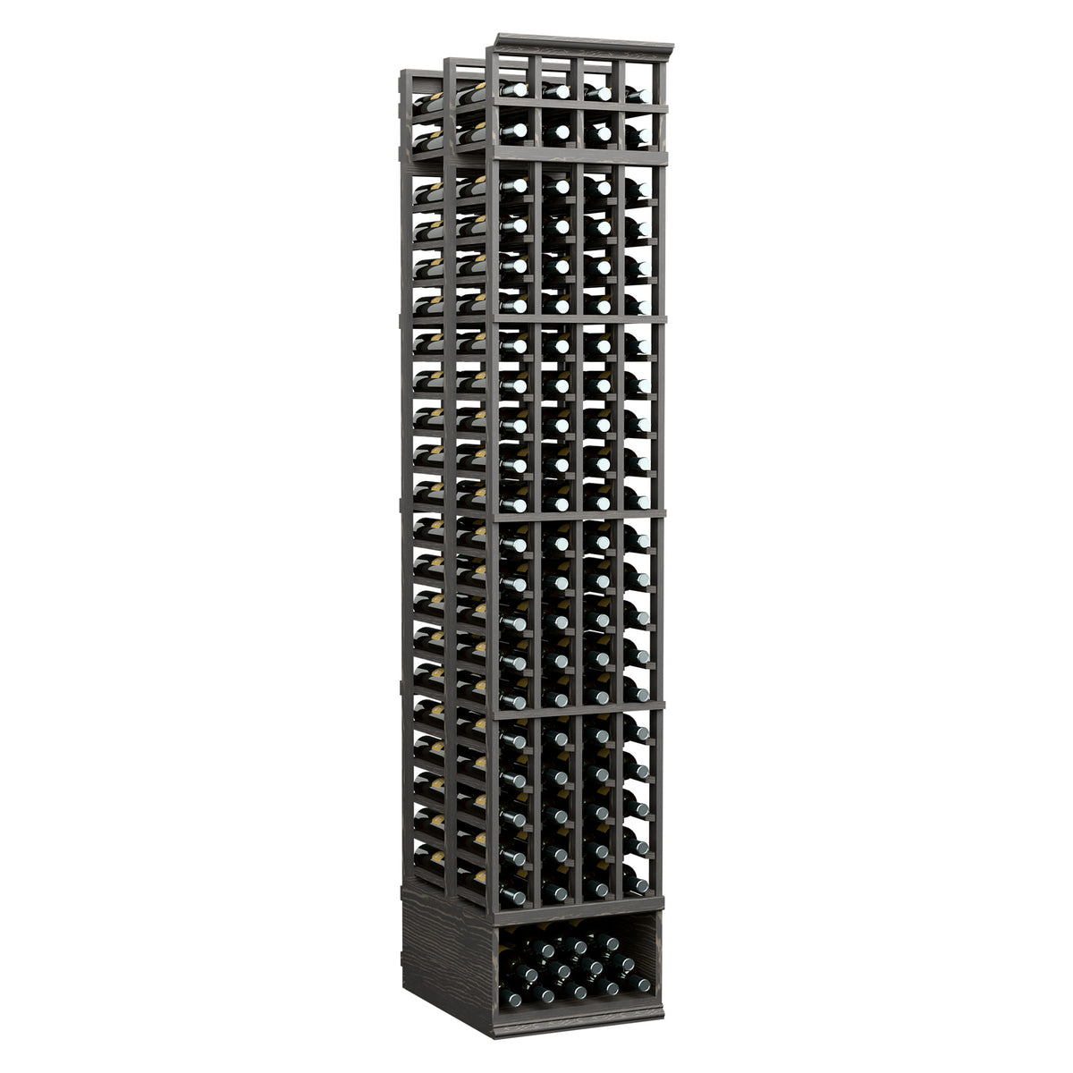 4-column double-deep wine bottle rack, dark frame with bottle storage rows