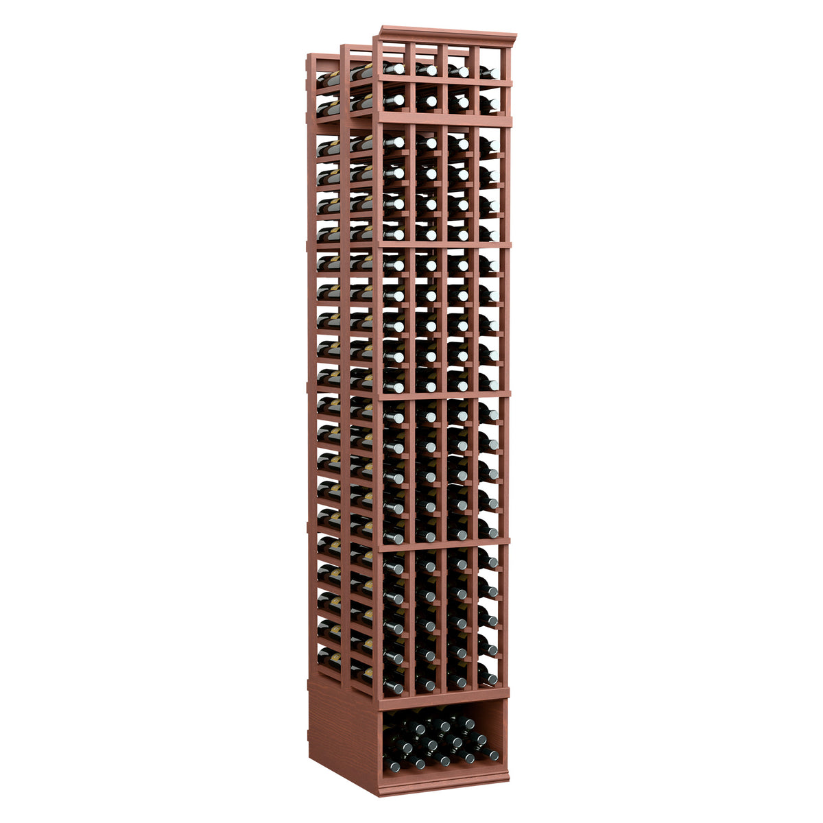 4-column double-deep wine bottle rack, reddish-brown wood with front bottle grid