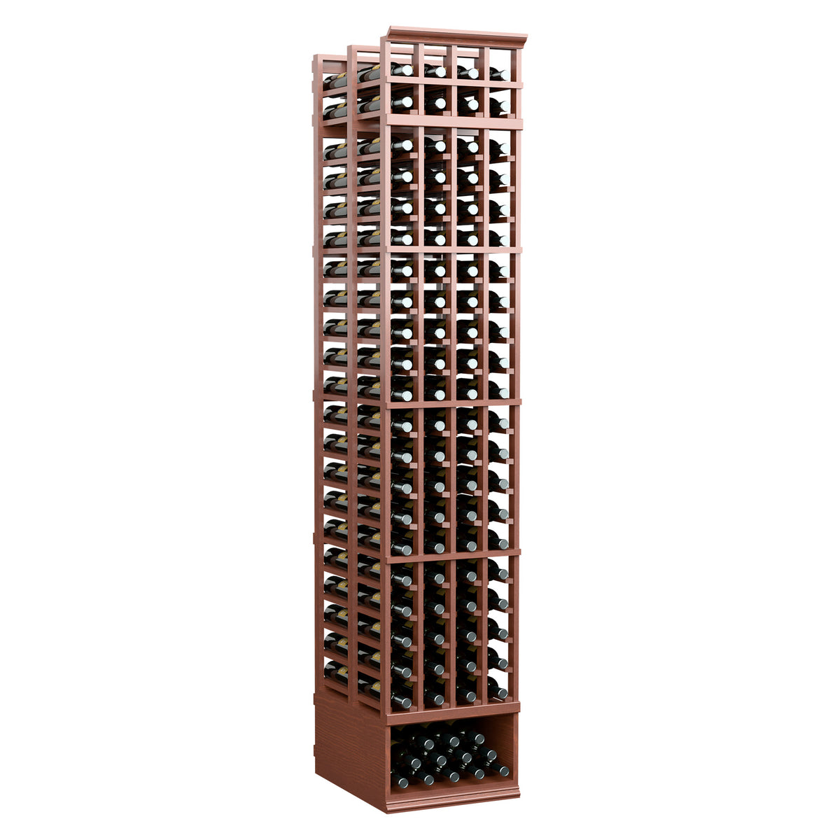 4-column double-deep wine bottle rack, warm wood frame with bottle storage openings