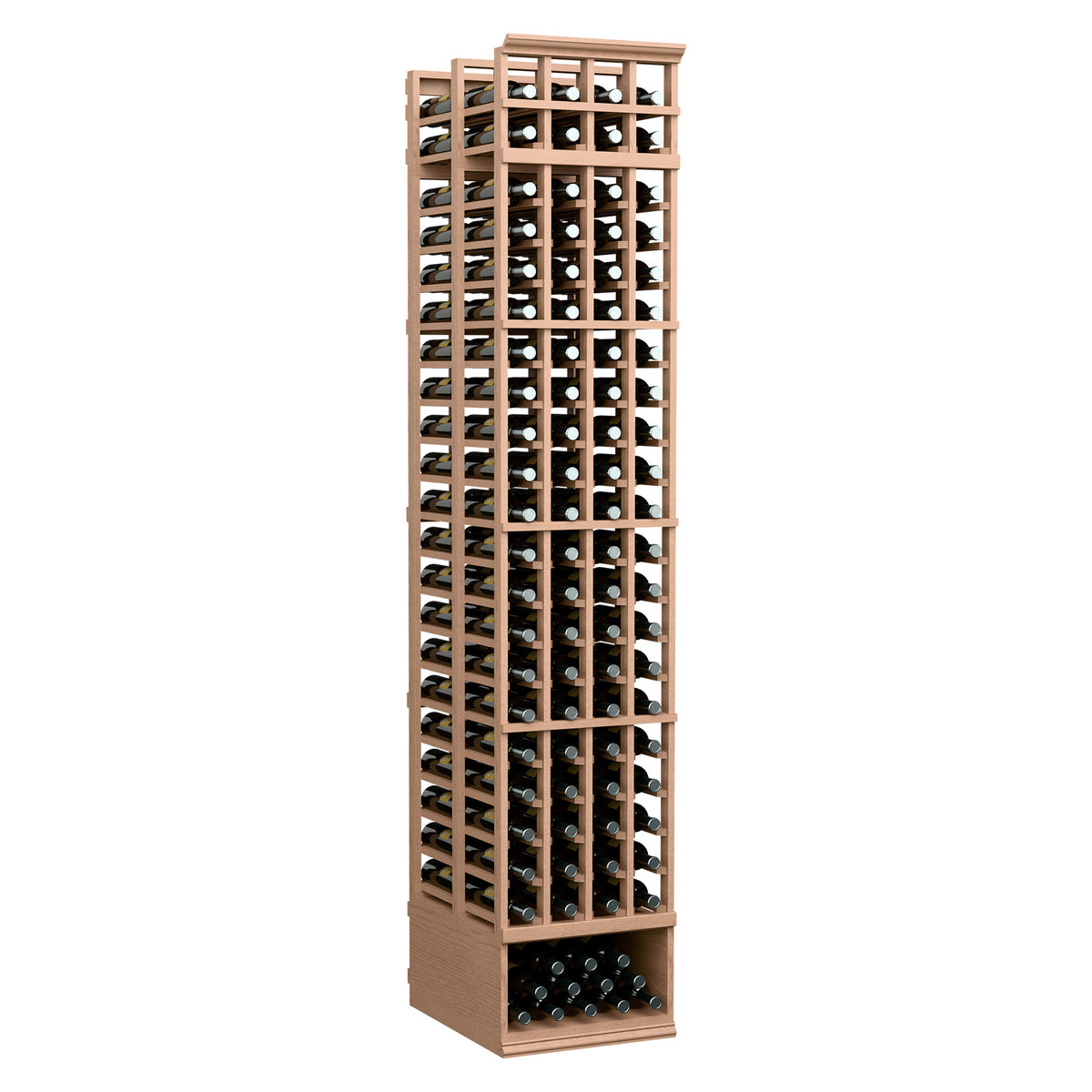 4-column double-deep wine bottle rack, light wood frame with front bottle grid