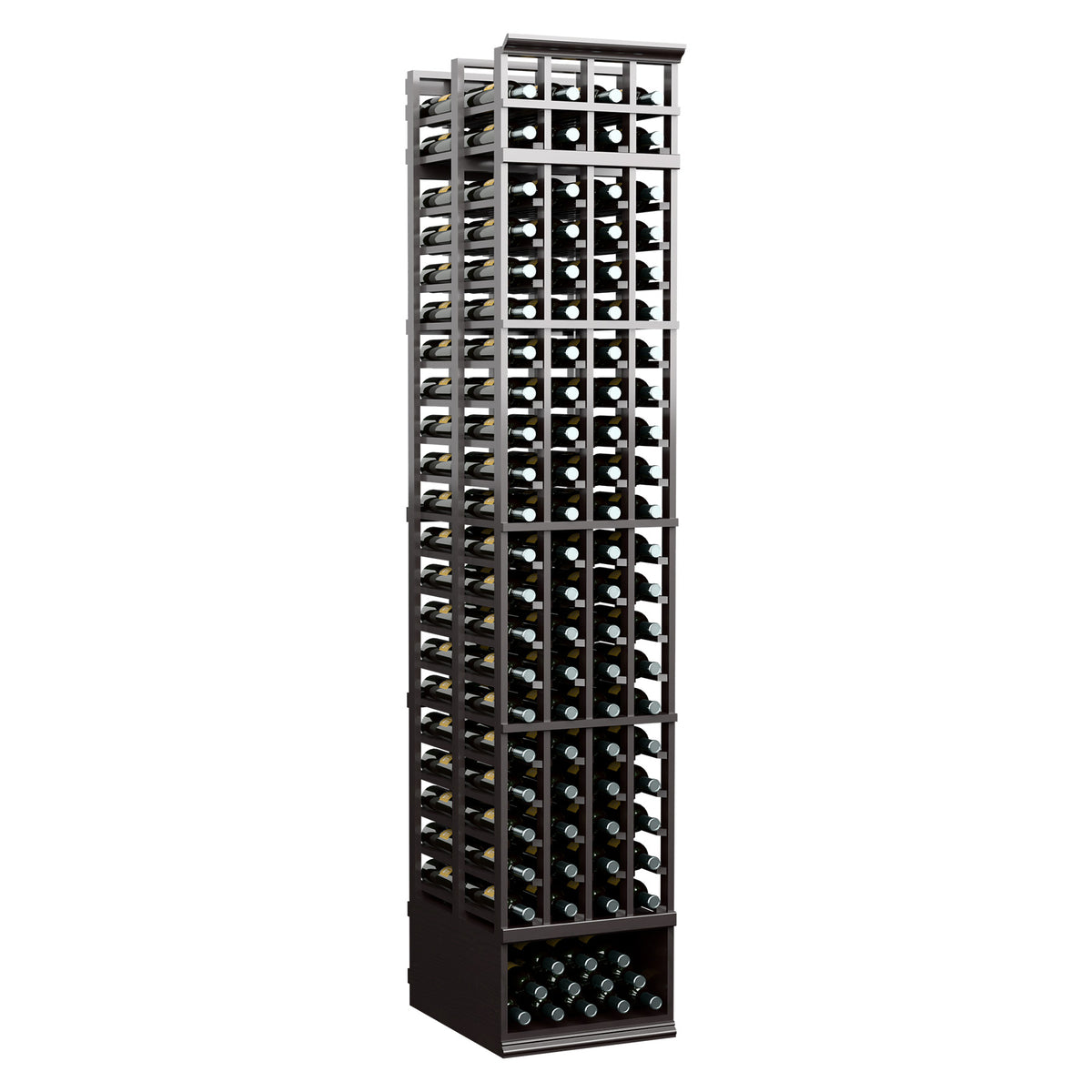 4-column double-deep wine bottle rack, dark wood sides with stacked bottle slots
