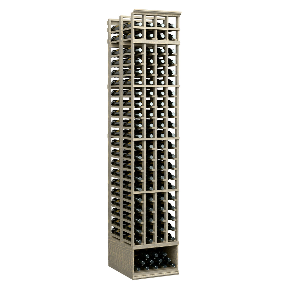 4-column double-deep wine bottle rack with light wood frame and front bottle slots