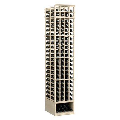 4-column double-deep wine bottle rack in light wood with open grid and bottle slots