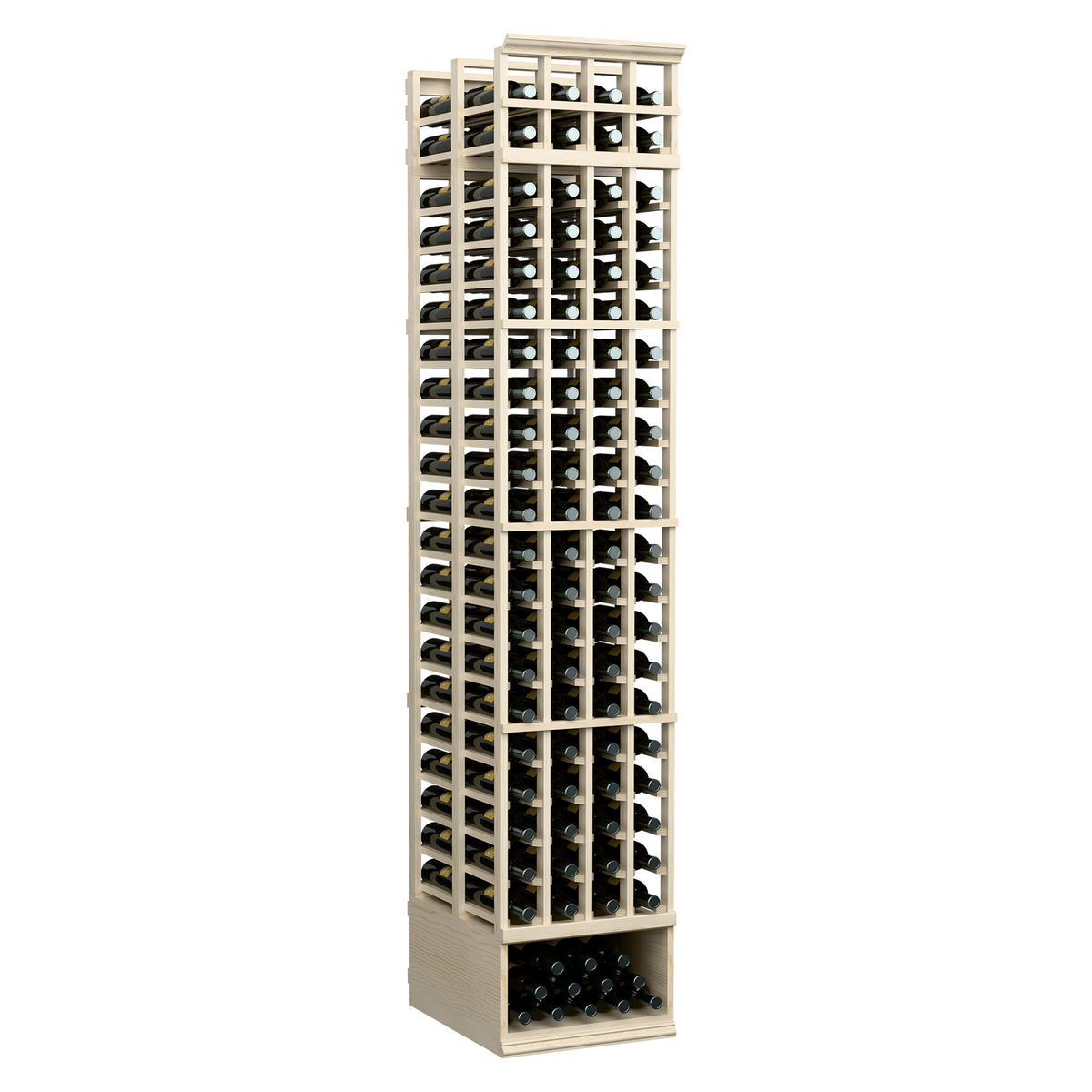 4-column double-deep wine bottle rack, light wood frame with front grid of bottle openings