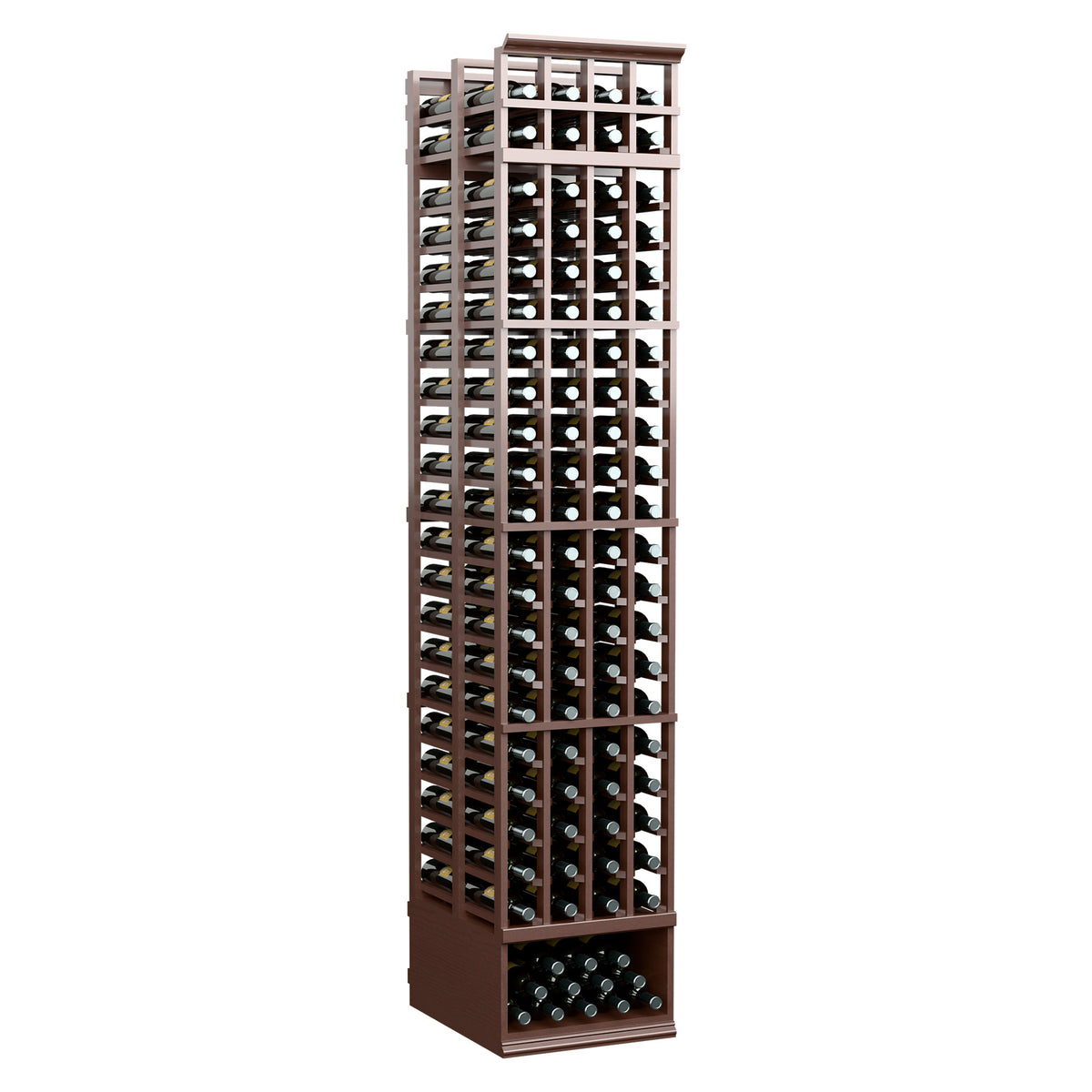 4-column double-deep wine bottle rack, dark-stained frame with two deep bottle rows
