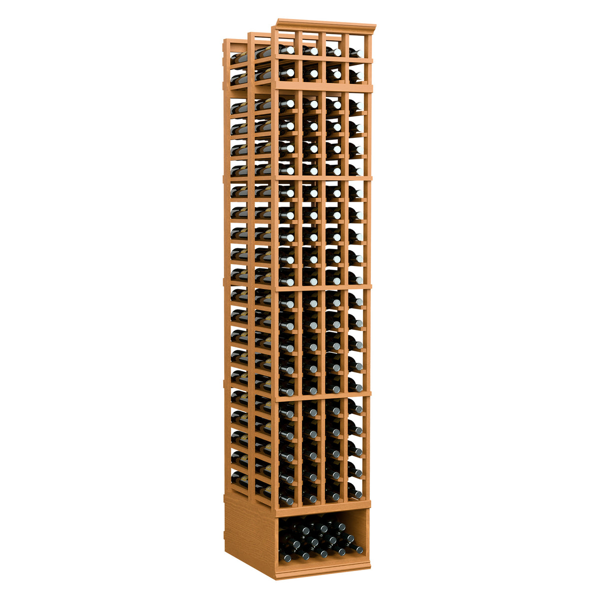 4-column double-deep wine bottle rack in warm wood tone with front bottle slots