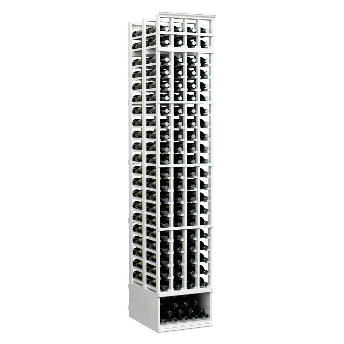 4-column double-deep wine bottle rack with white painted frame and front bottle slots