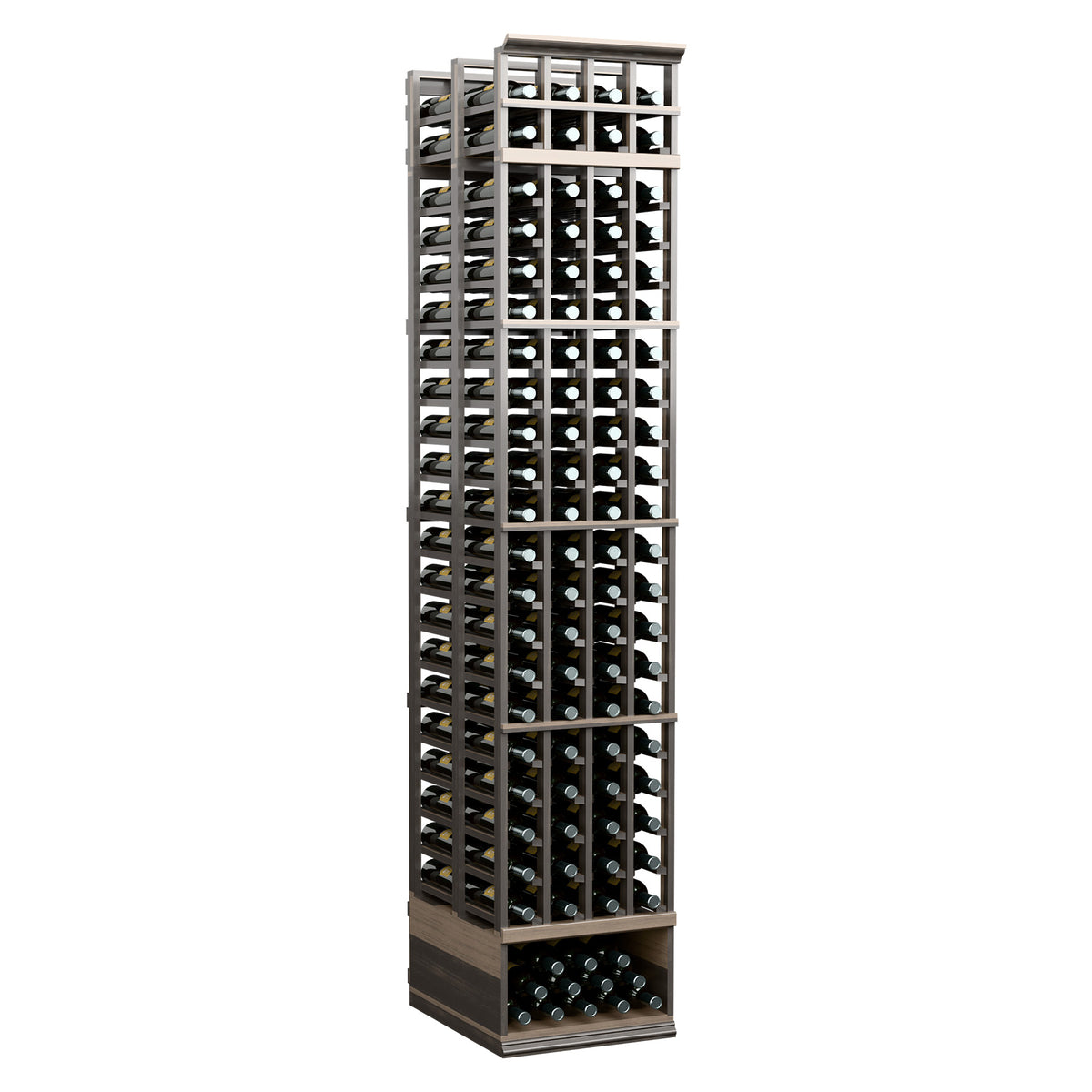 Double-deep wine bottle rack with dark wood frame and gray metal grid, holds bottles