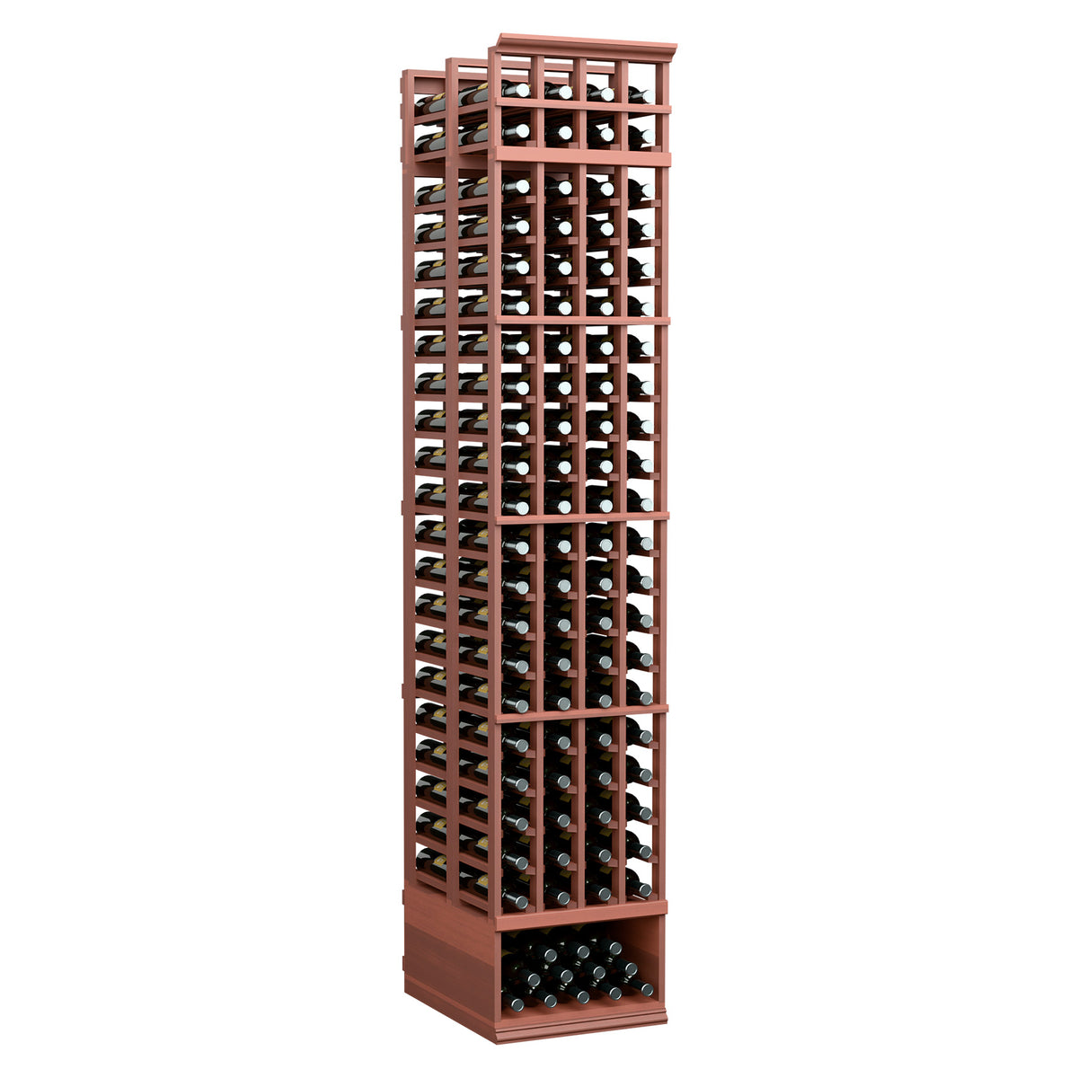 Double-deep wine bottle rack with warm wood frame and square metal grid, holds bottles