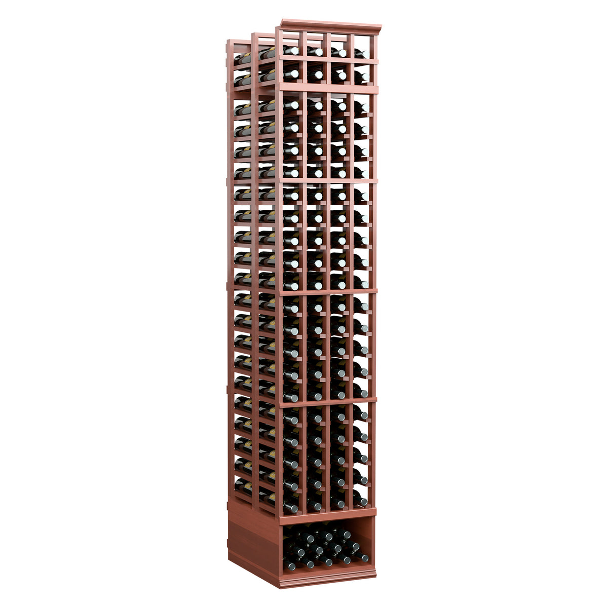 Double-deep wine bottle rack with warm wood frame and square metal grid, holds bottles
