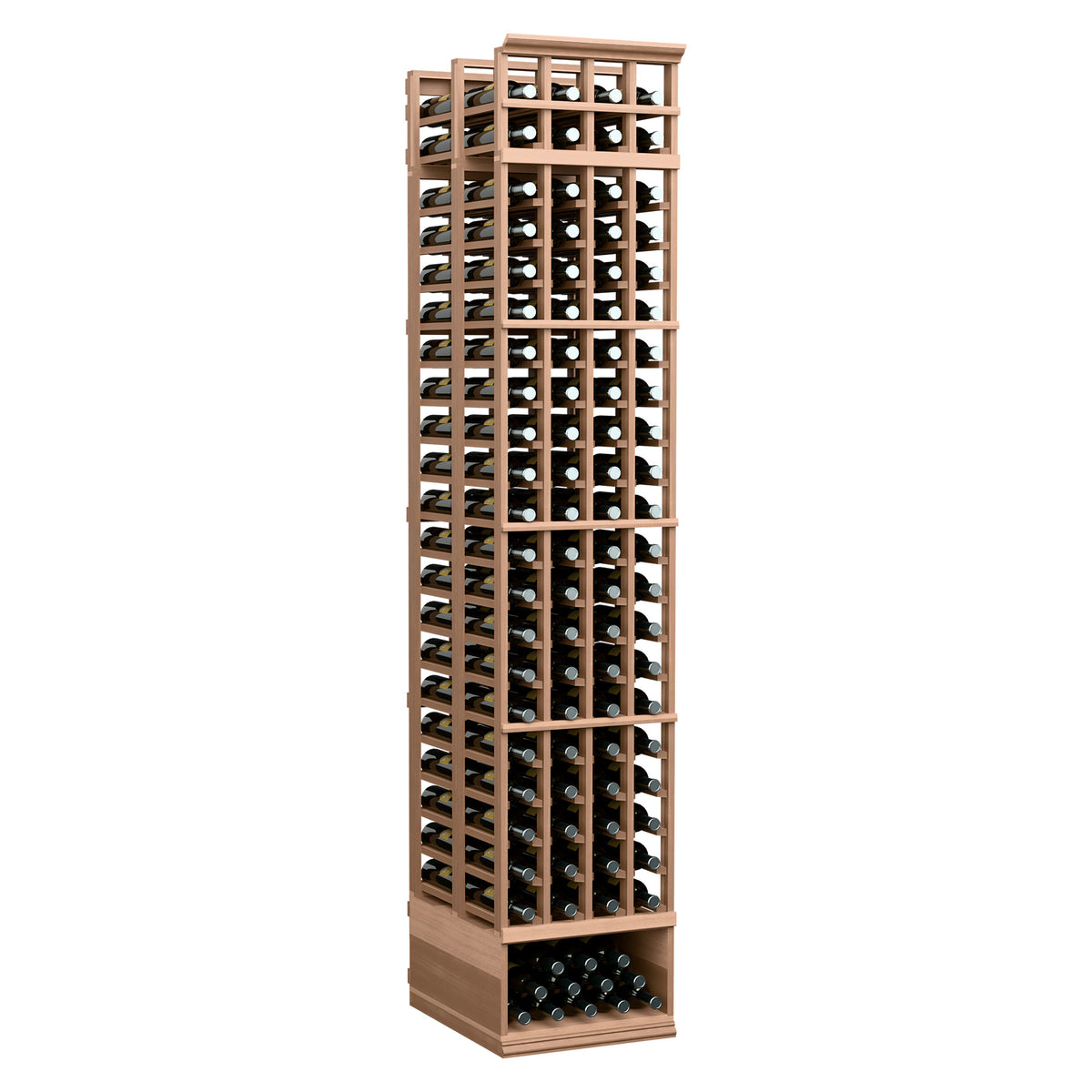 Double-deep wine bottle rack with light wood frame and square metal grid, holds bottles