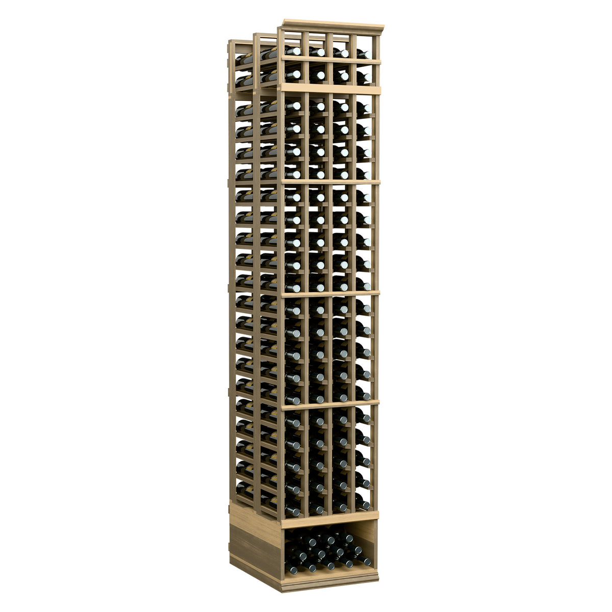 Double-deep wine bottle rack with light wood frame and square metal grid, holds bottles