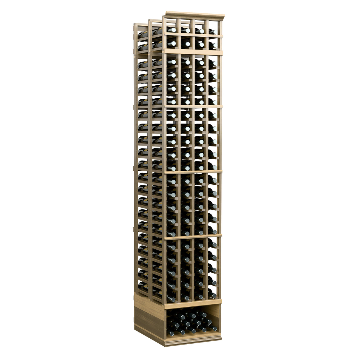 Double-deep wine bottle rack with light wood frame and square metal grid, holds bottles