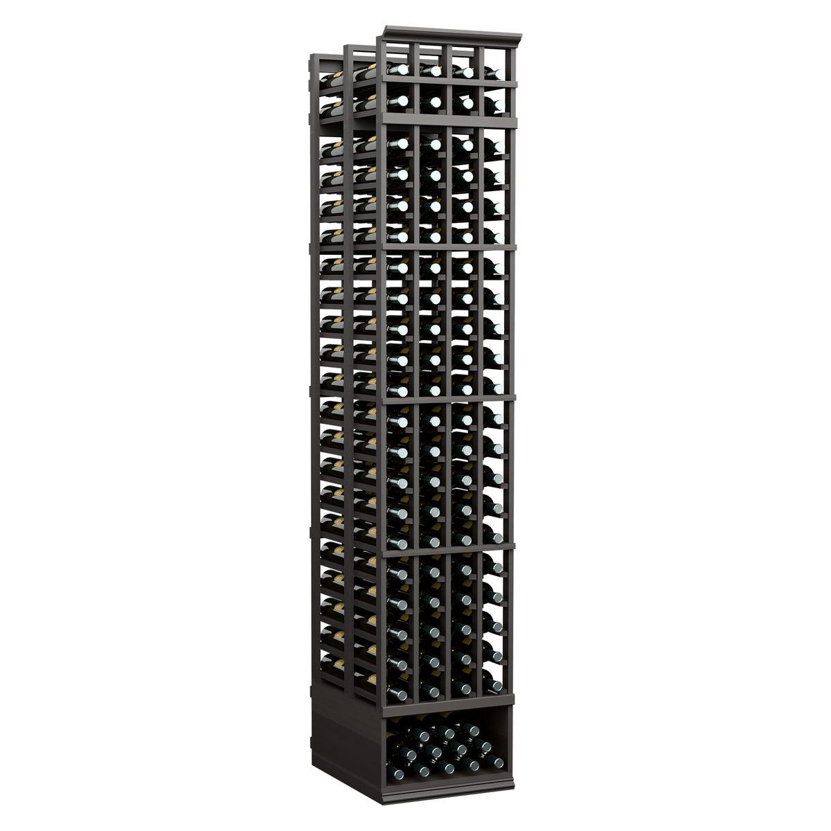 Double-deep wine bottle rack with dark wood frame and gray metal grid, holds bottles