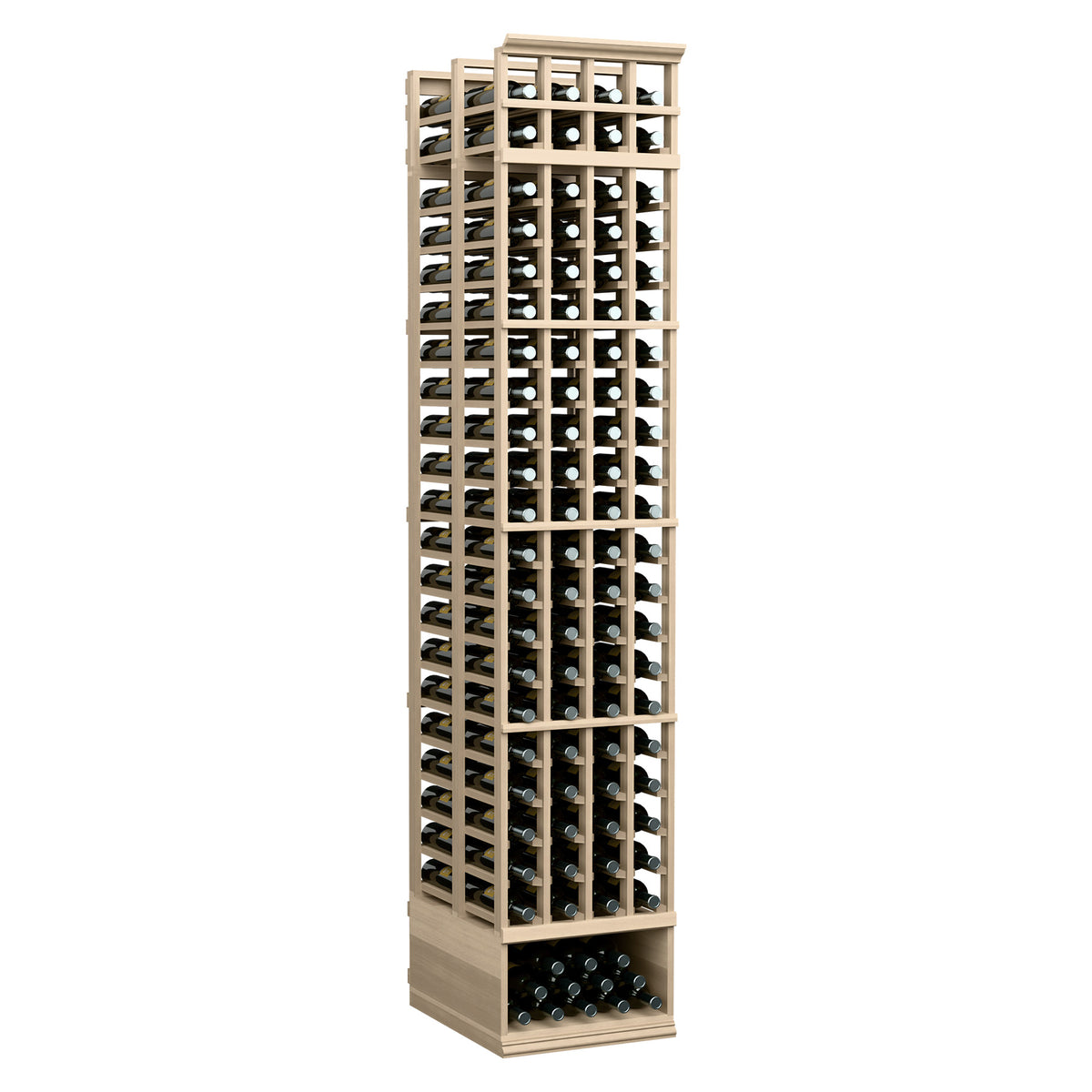 Wine bottle storage rack with vertical grid slots and cork bottle openings, light wood frame