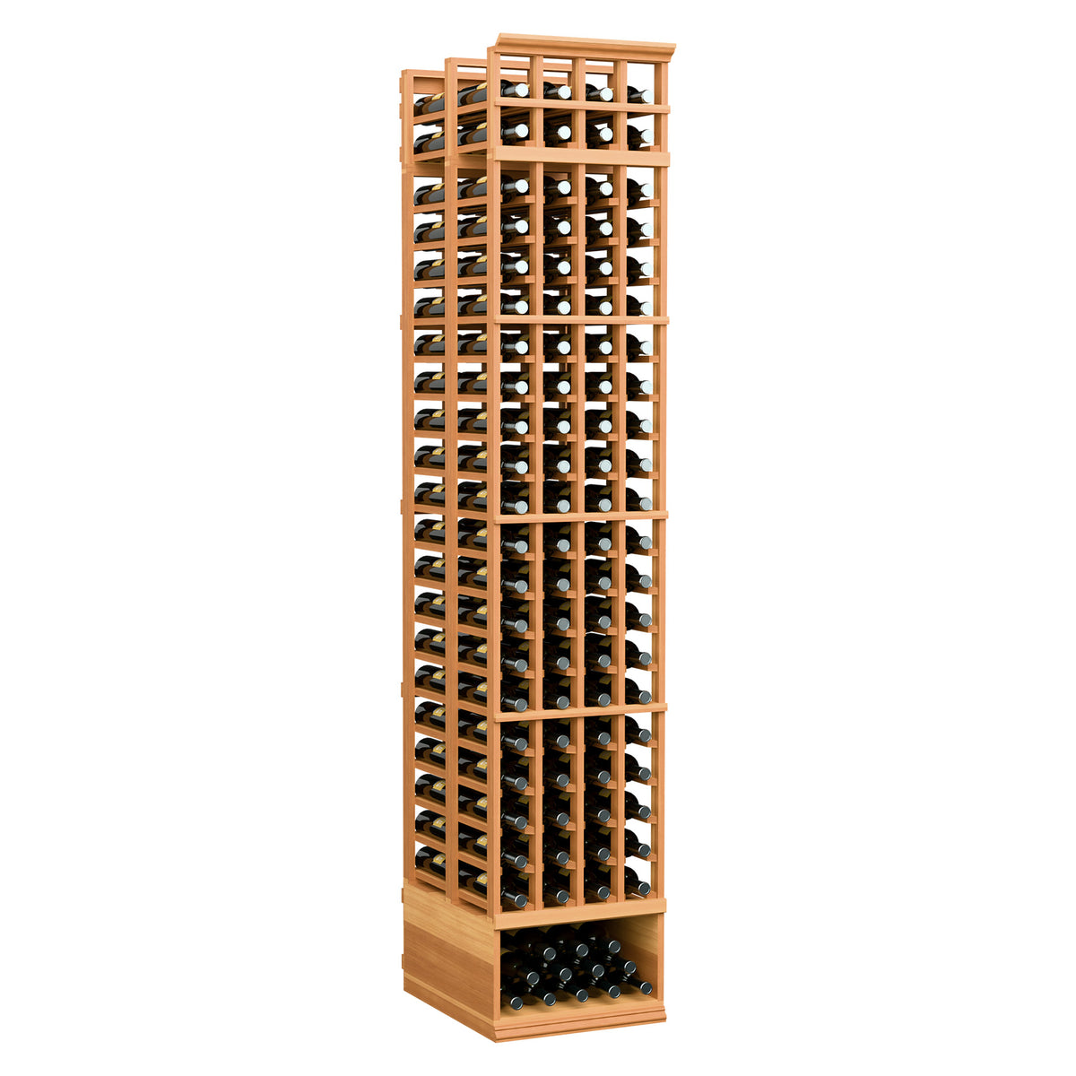 Wine bottle storage rack with vertical grid slots and cork bottle openings, warm reddish wood