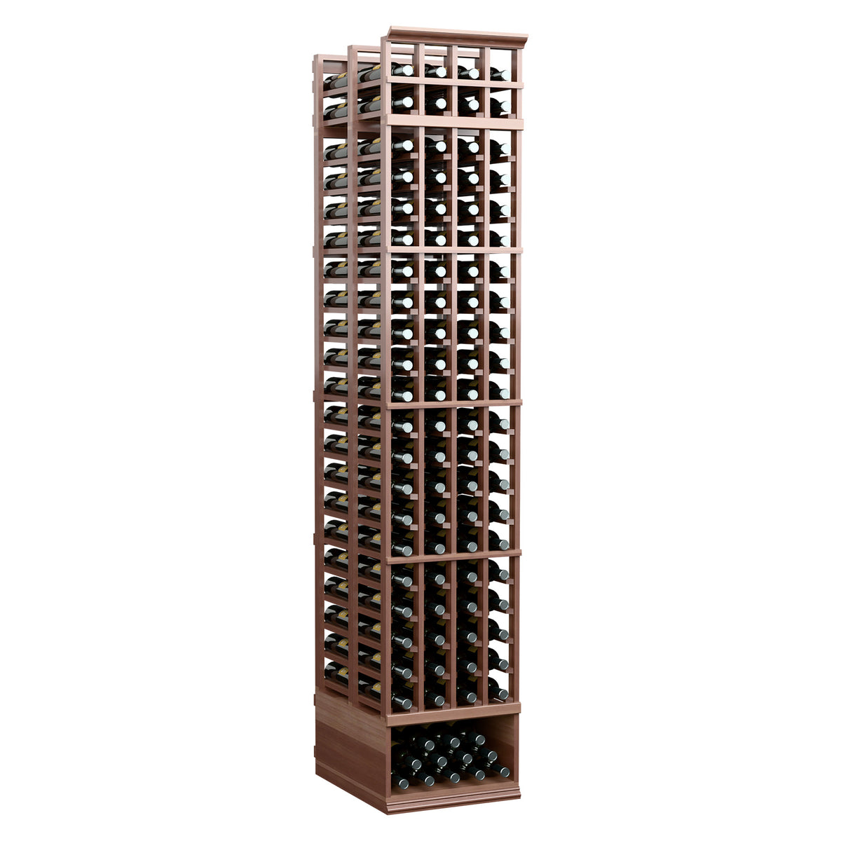 Wine bottle storage rack with vertical grid slots and cork bottle openings, deep brown wood tone