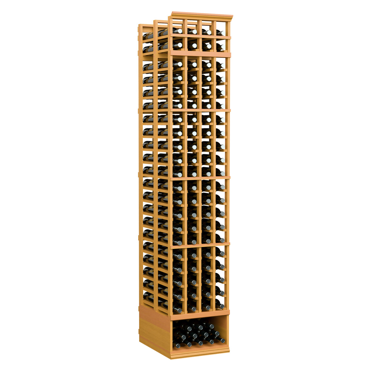 Wine bottle storage rack with vertical grid slots and cork bottle openings, golden light wood