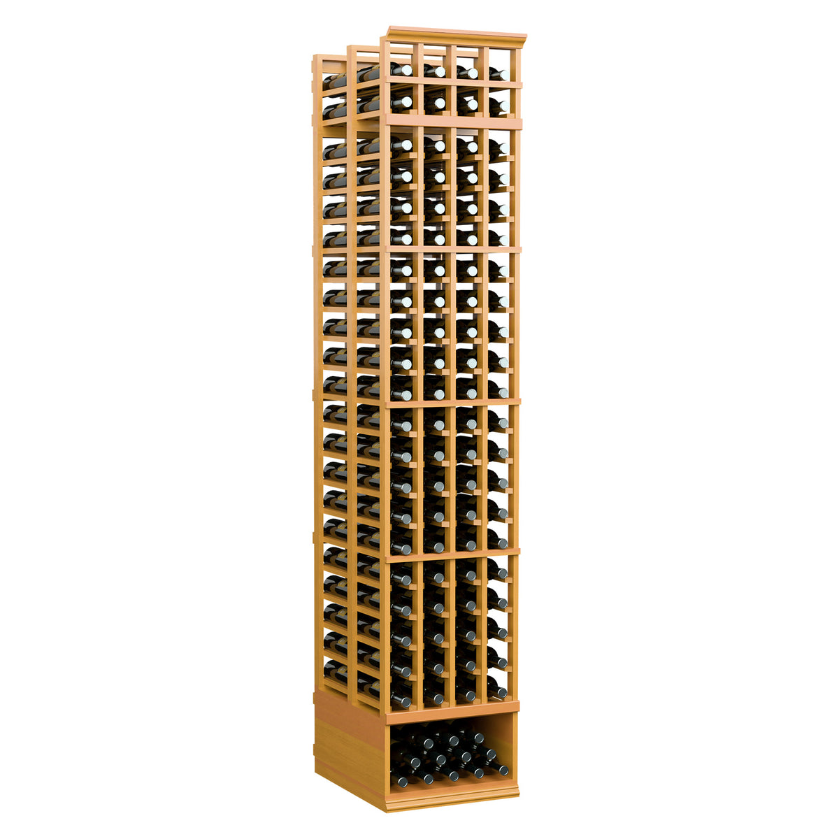 Wine bottle storage rack with vertical grid slots and cork bottle openings, golden wood finish