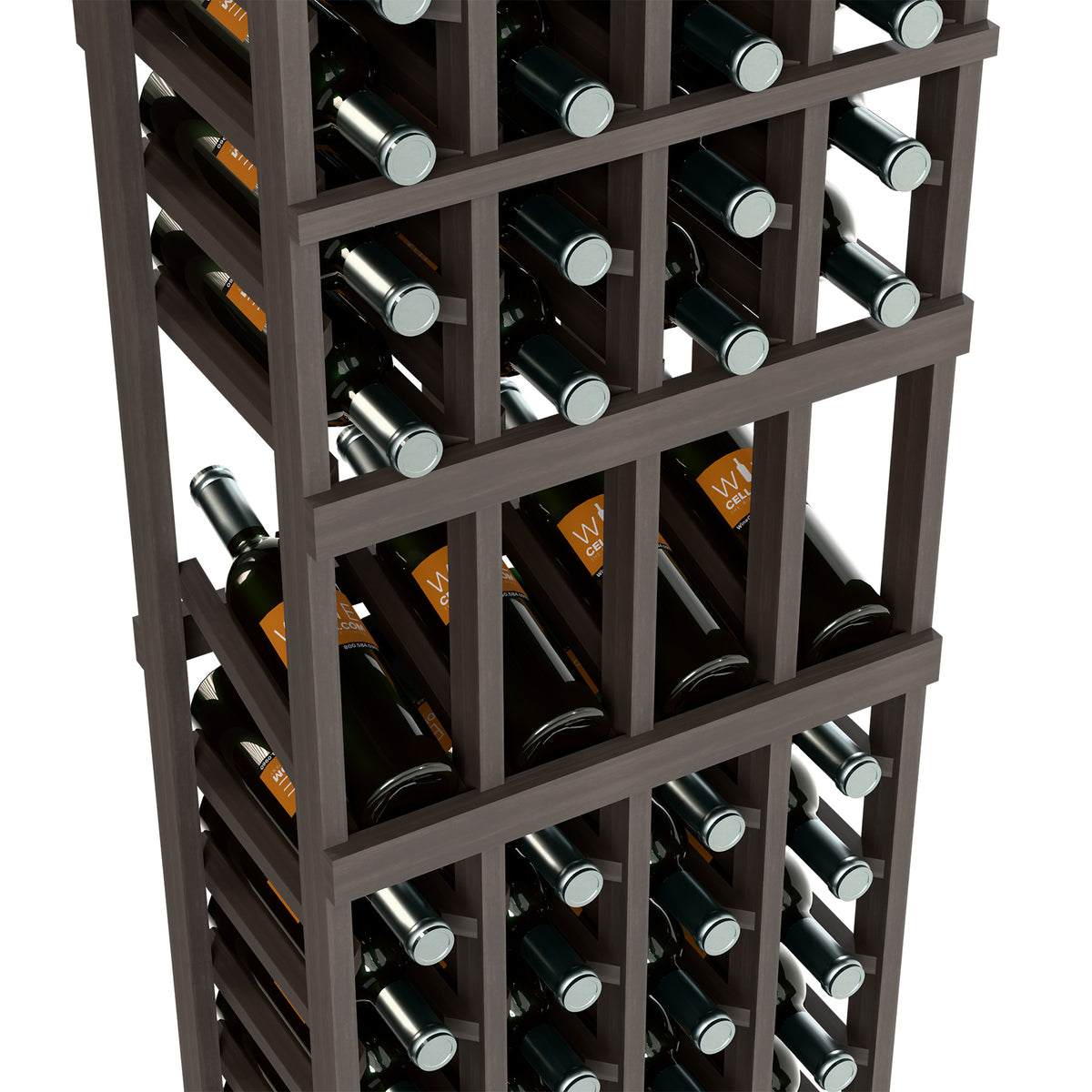 4-column 6FT wine display rack close-up with dark frame and bottle slots