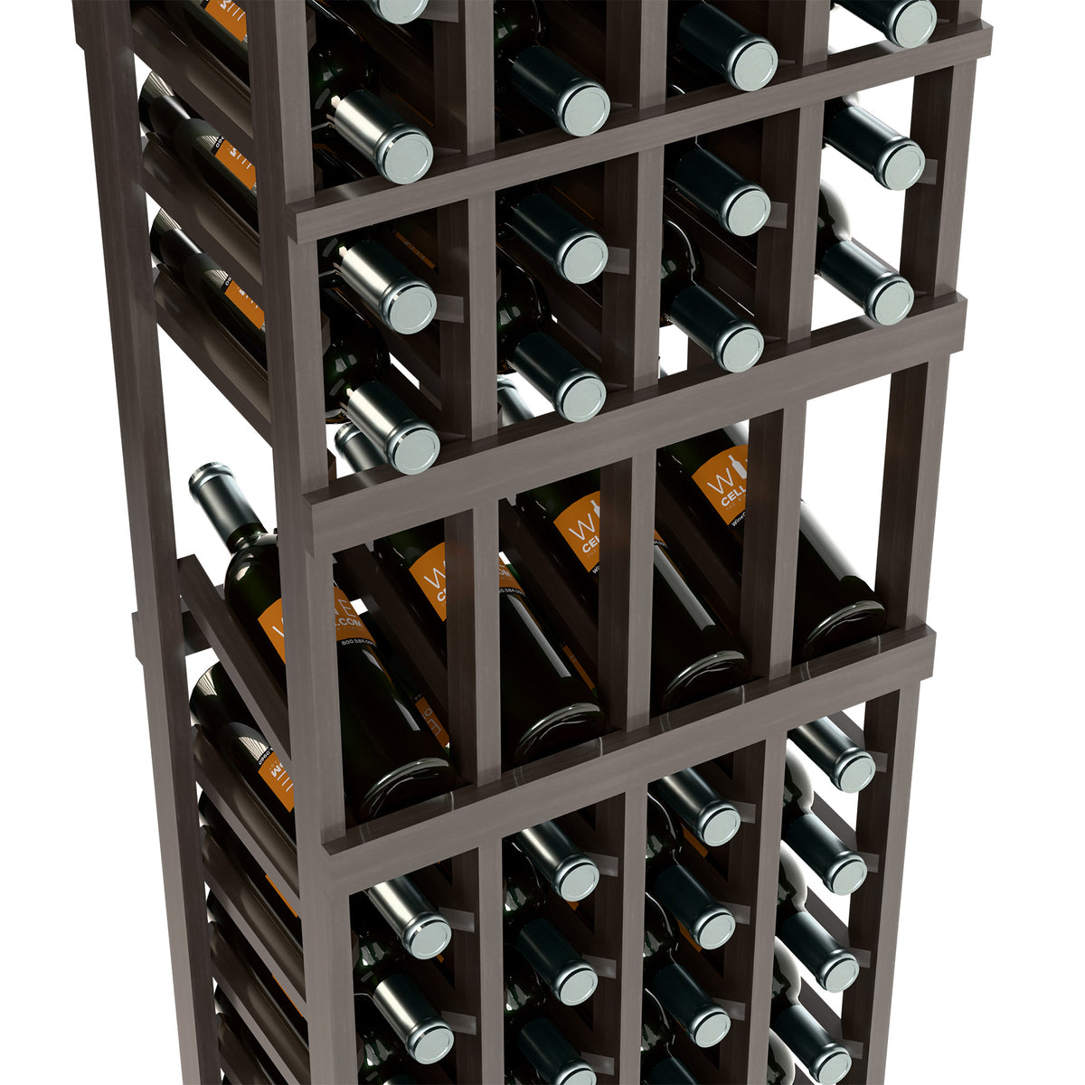4-column 6FT wine display rack close-up showing dark frame and wine bottles