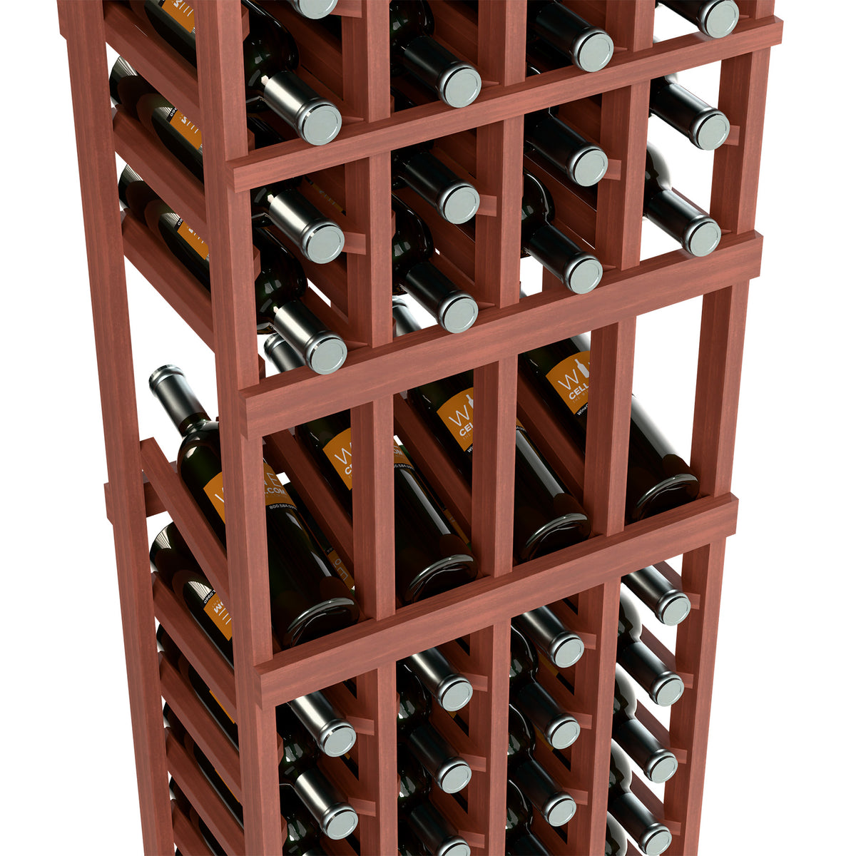 4-column 6FT wine display rack close-up with reddish-brown frame and slots