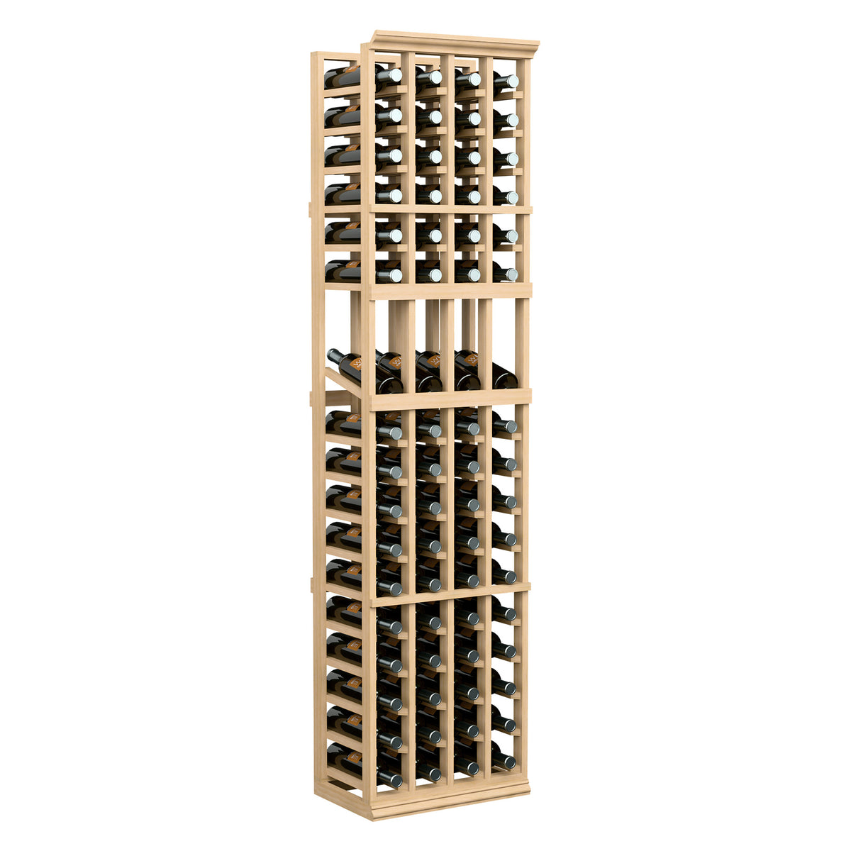 4-column 6FT wine display rack with light wood frame and bottle cradles