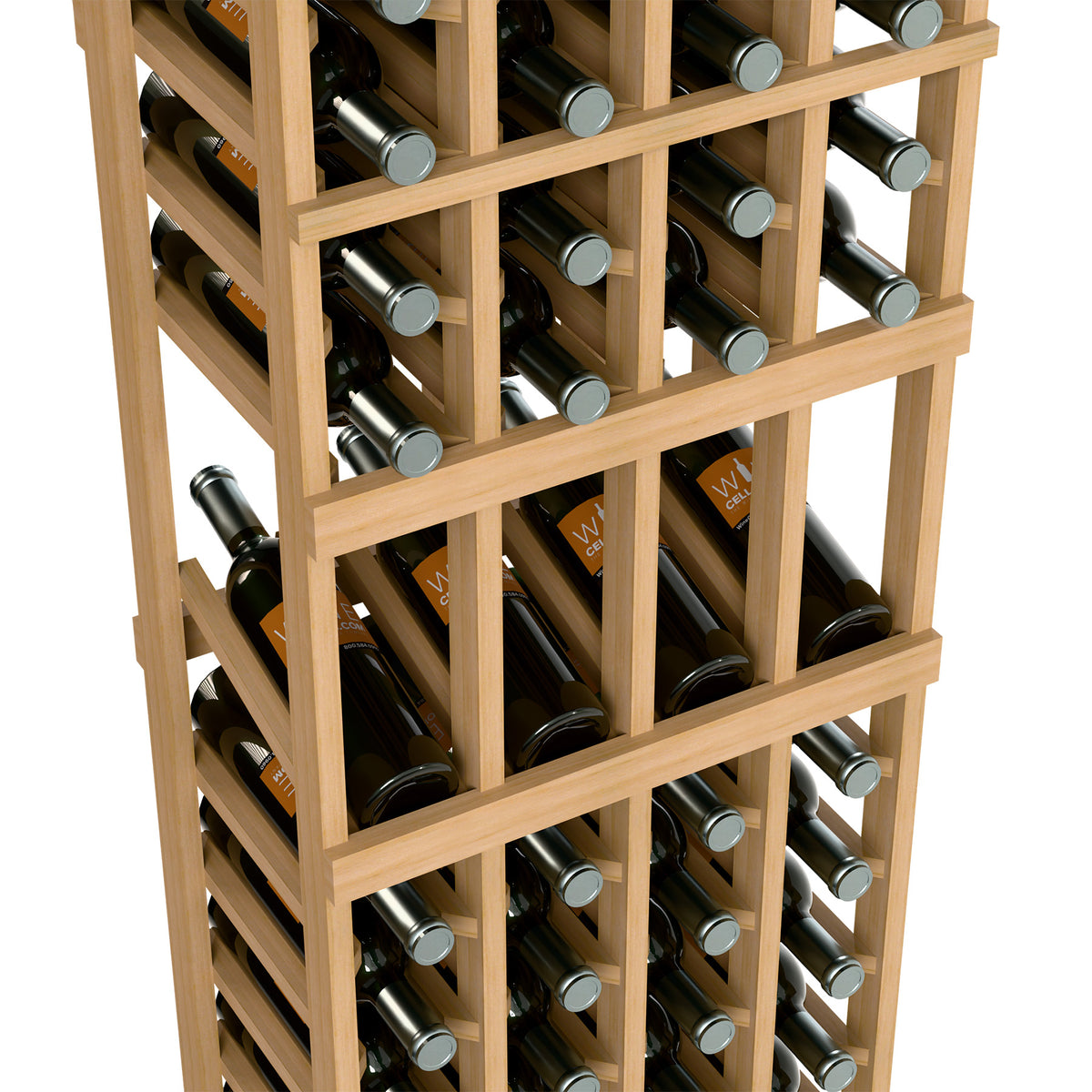 4-column 6FT wine display rack close-up with light wood frame and bottle slots