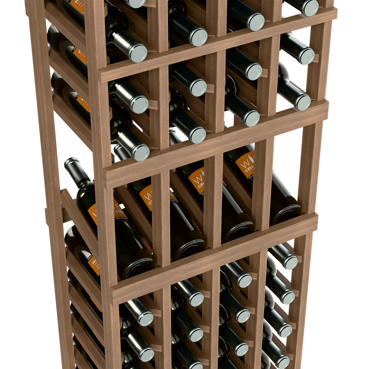Four-column wine rack close-up, medium wood frame with bottle slots and bottles