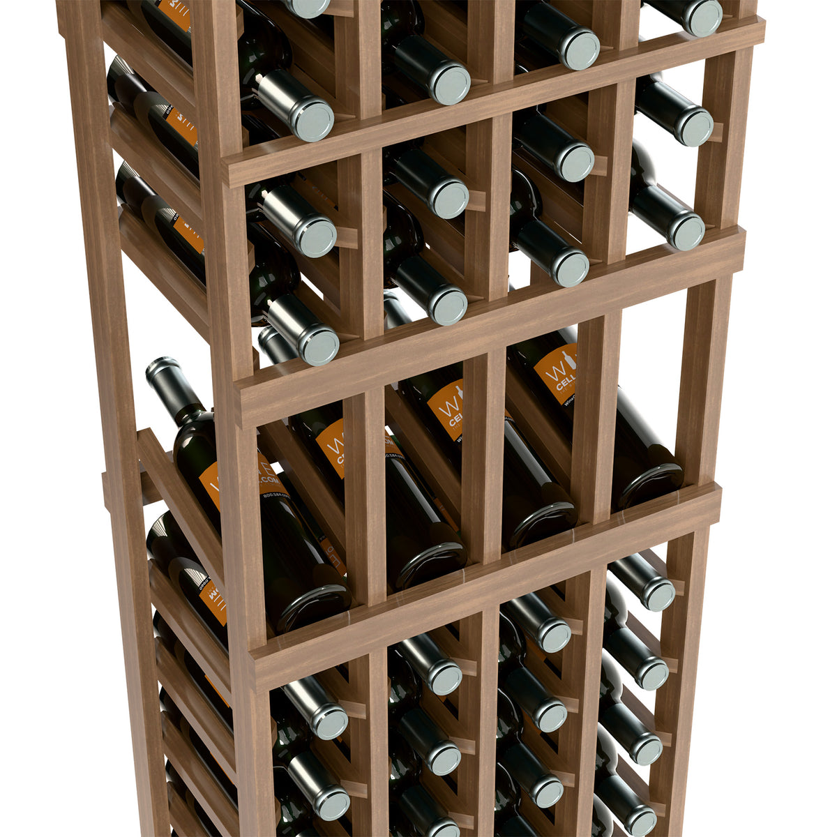 Wine rack close-up, light wood lattice with four columns of bottle holders