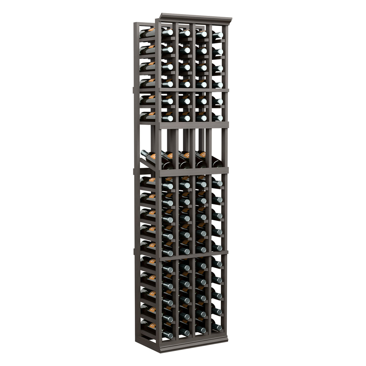 6ft wine display rack with four columns, dark wood frame and bottle cubbies