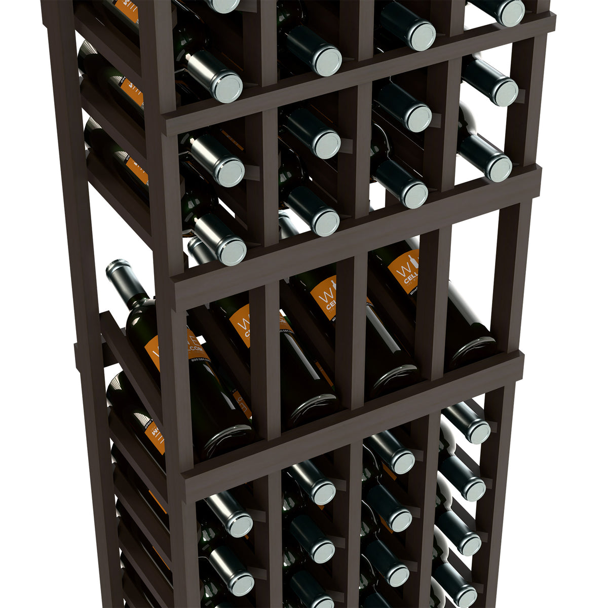 Four-column wine rack close-up, dark wood grid holding wine bottles