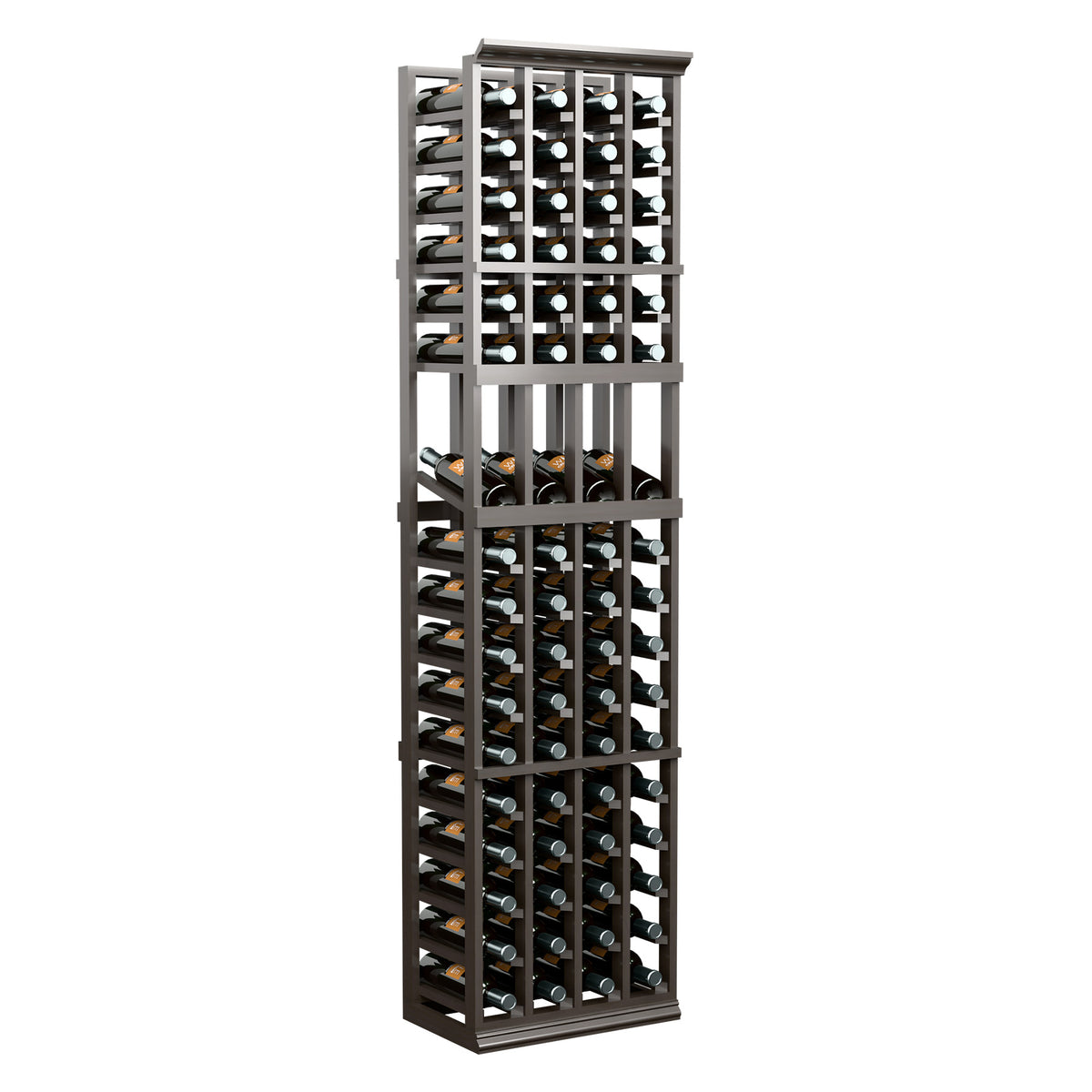 Tall 6ft wine rack, dark wood frame with four bottle columns