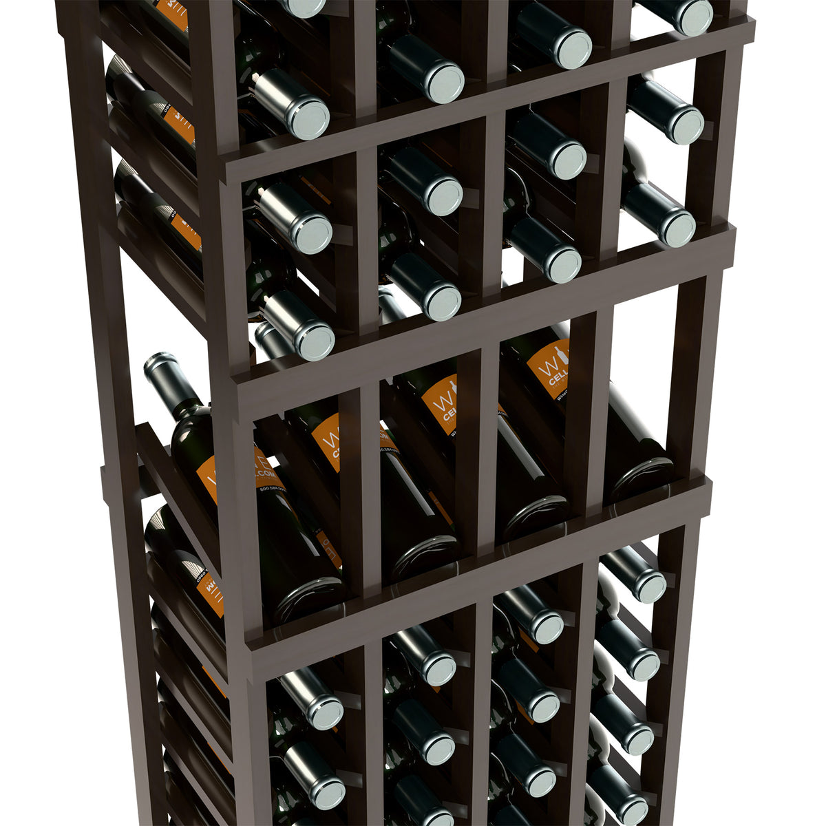 Wine rack close-up, dark wood lattice with four columns of wine bottle slots