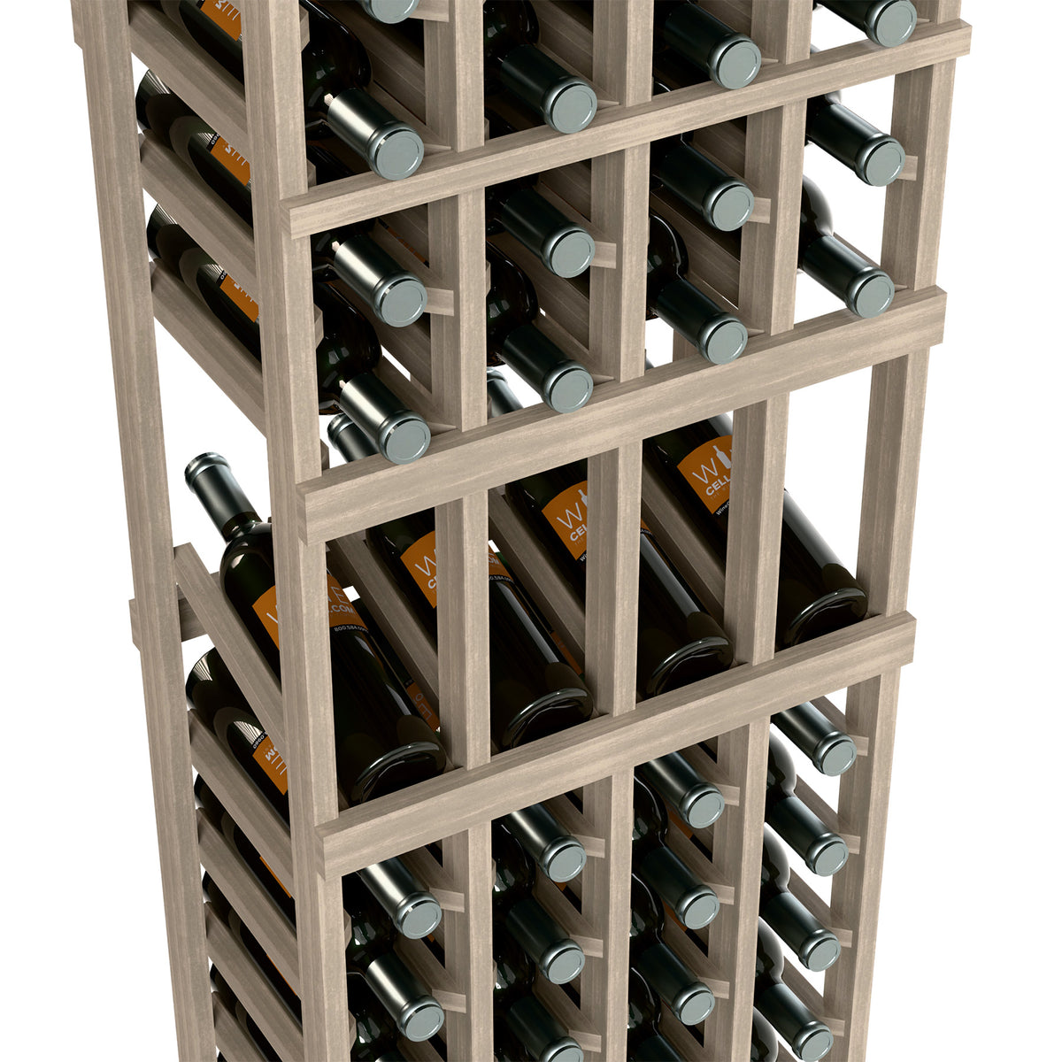 Close-up of a four-column wine bottle display rack with bottle-filled square openings.